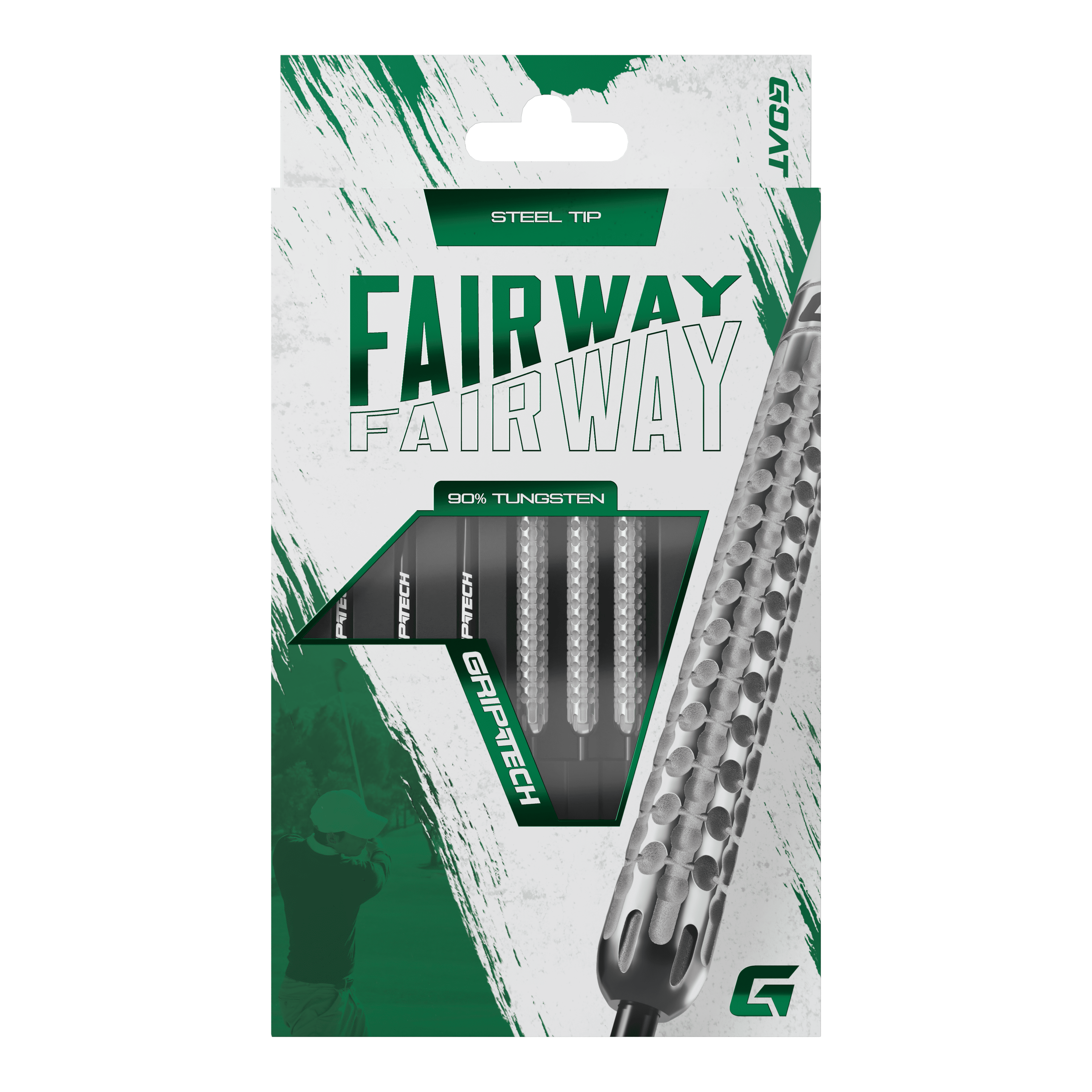 GOAT Fairway V1 Tungsten Steel Darts Die Abbildung zeigt eine Verpackung der GOAT Fairway V1 Tungsten Steeldarts. Die Darts haben eine Stahlspitze und bestehen zu 90% aus Tungsten.