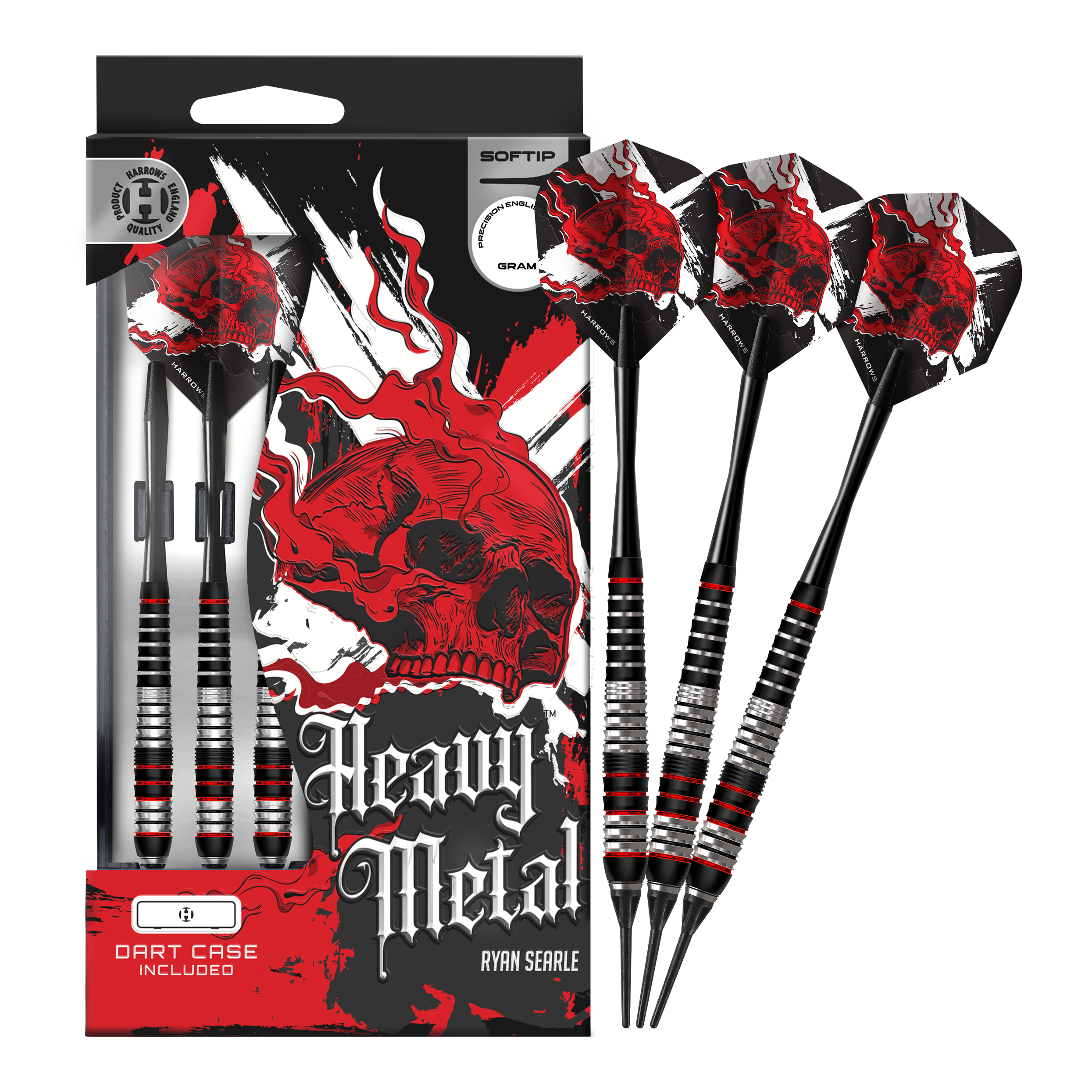 Harrows Heavy Metal Ryan Searle Brass Soft Darts Das Foto zeigt die Harrows Heavy Metal Ryan Searle Brass Softdarts in voller Länge. Die Darts sind komplett abgebildet und liegen nebeneinander.