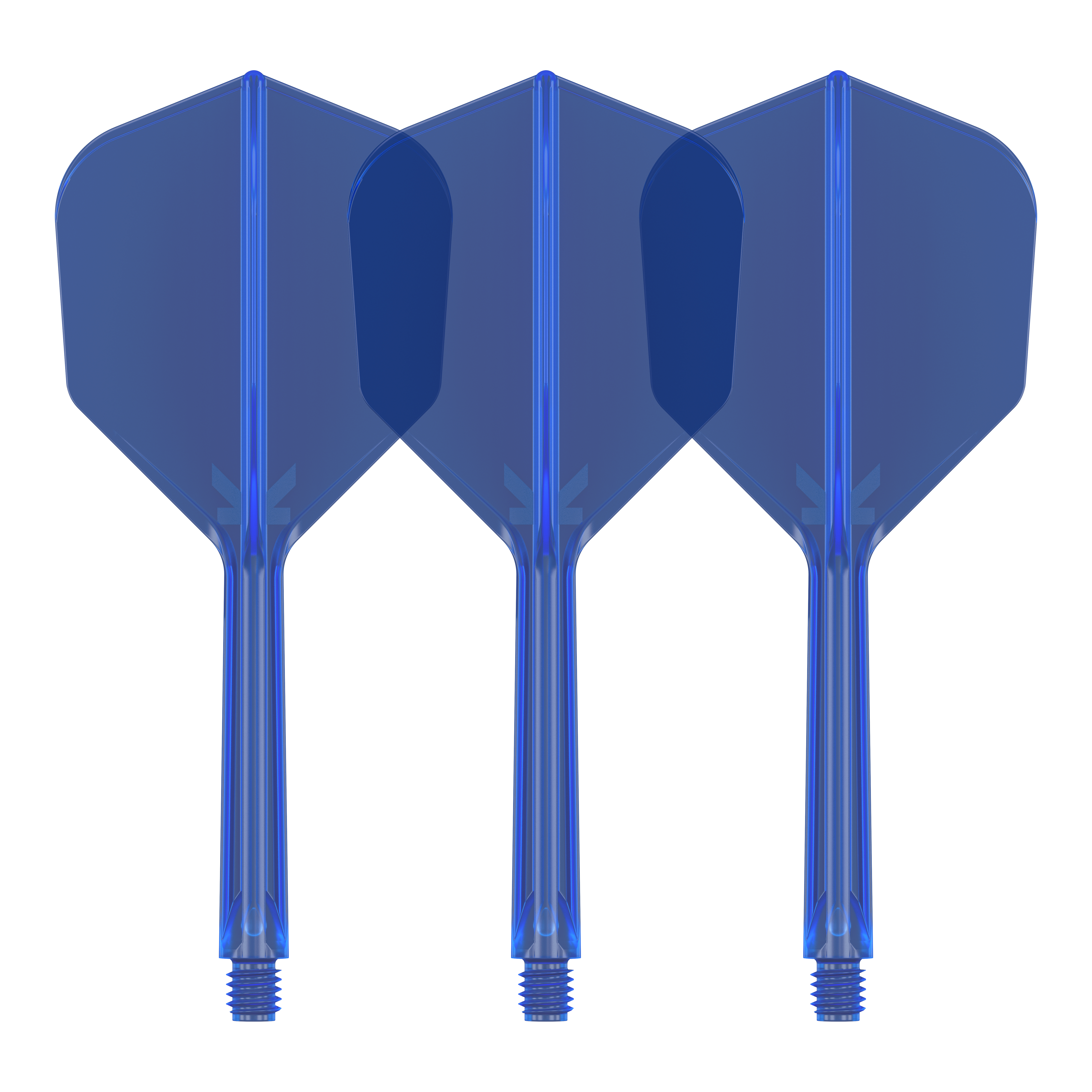 Target K-Flex No6 Flight System - Blue Das Bild zeigt drei blaue Dart-Flights mit Schäften. Sie stehen nebeneinander und sind identisch gestaltet.