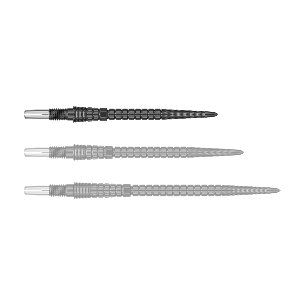 Target Chrono Swiss Storm Point Dart Tips - Black Eine einzelne schwarze Dartspitze ist zu sehen. Sie liegt quer im Bild.
