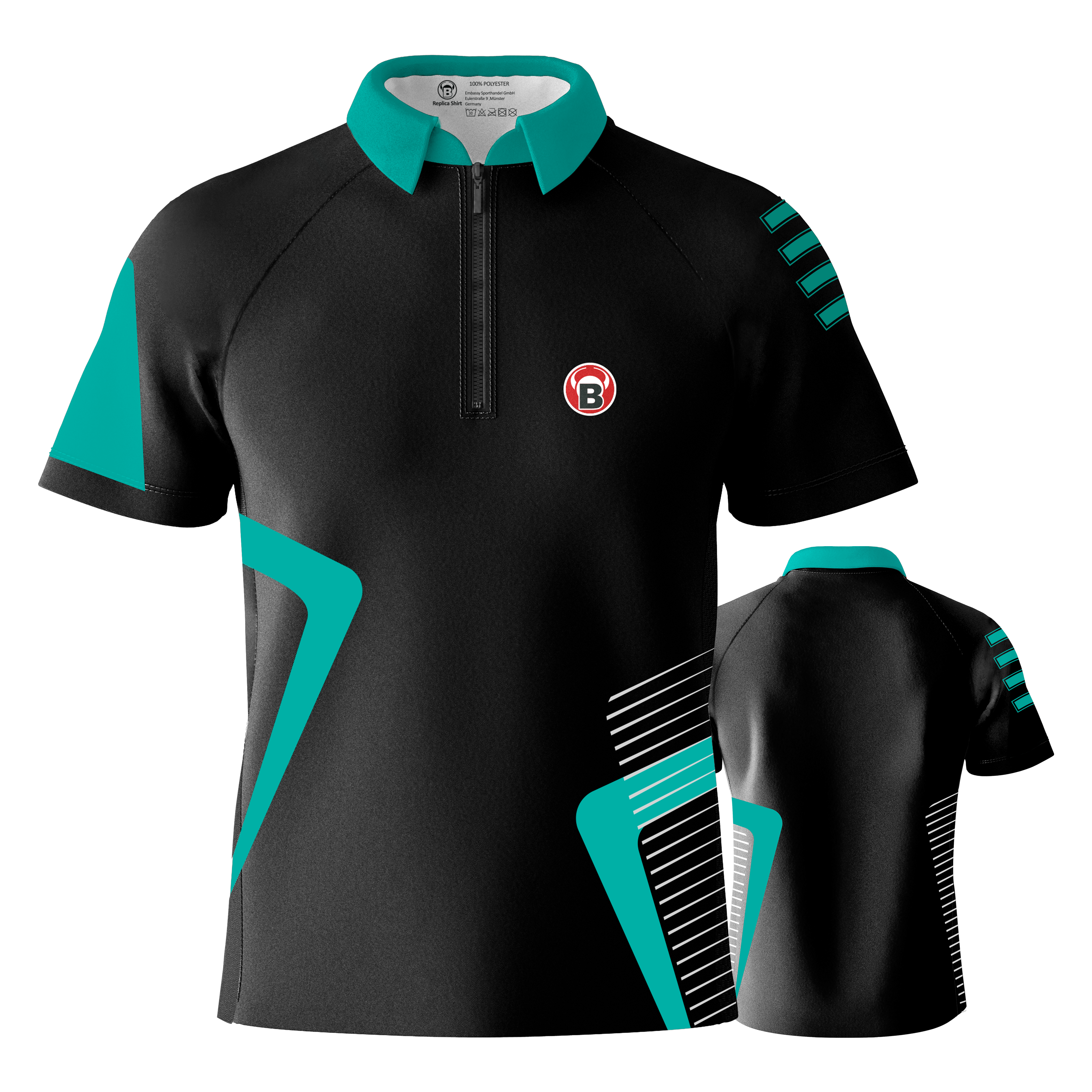 Bulls Team Dart Shirt - Mint Das Bild zeigt das Bulls Team Dartshirt in der Farbe Mint. Das Shirt ist überwiegend schwarz mit mintfarbenen Akzenten und einem kleinen Logo auf der Brust.