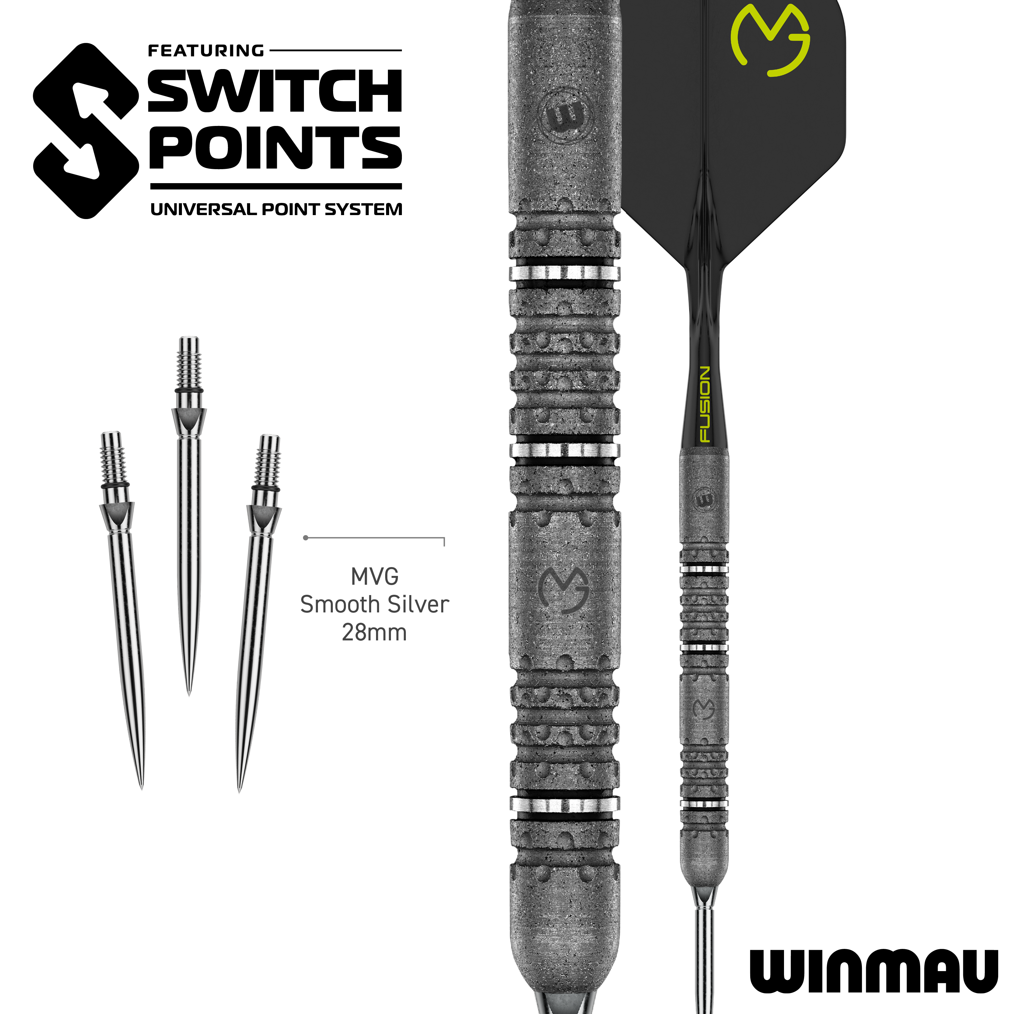 Zu sehen sind die Winmau MvG Signature Edition Switch Points Steeldarts. Sie eignen sich ideal für ambitionierte Dartspieler.