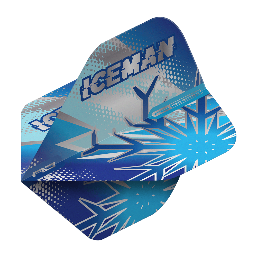 Das Bild zeigt die Dartflights „Red Dragon Gerwyn Price Blue Flake No2 Standard Flights“ in Blau mit Eiskristall-Design. Auf den Flights steht groß das Wort „ICEMAN“.