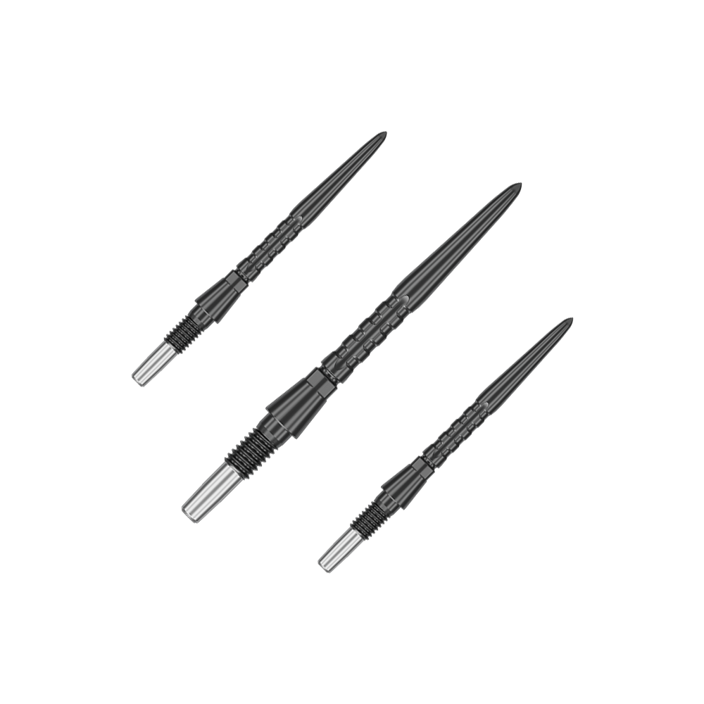 Das Bild zeigt drei schwarze Steeldartspitzen, die parallel angeordnet sind. Sie haben eine metallische Aufnahme am hinteren Ende und eine strukturierte Oberfläche.