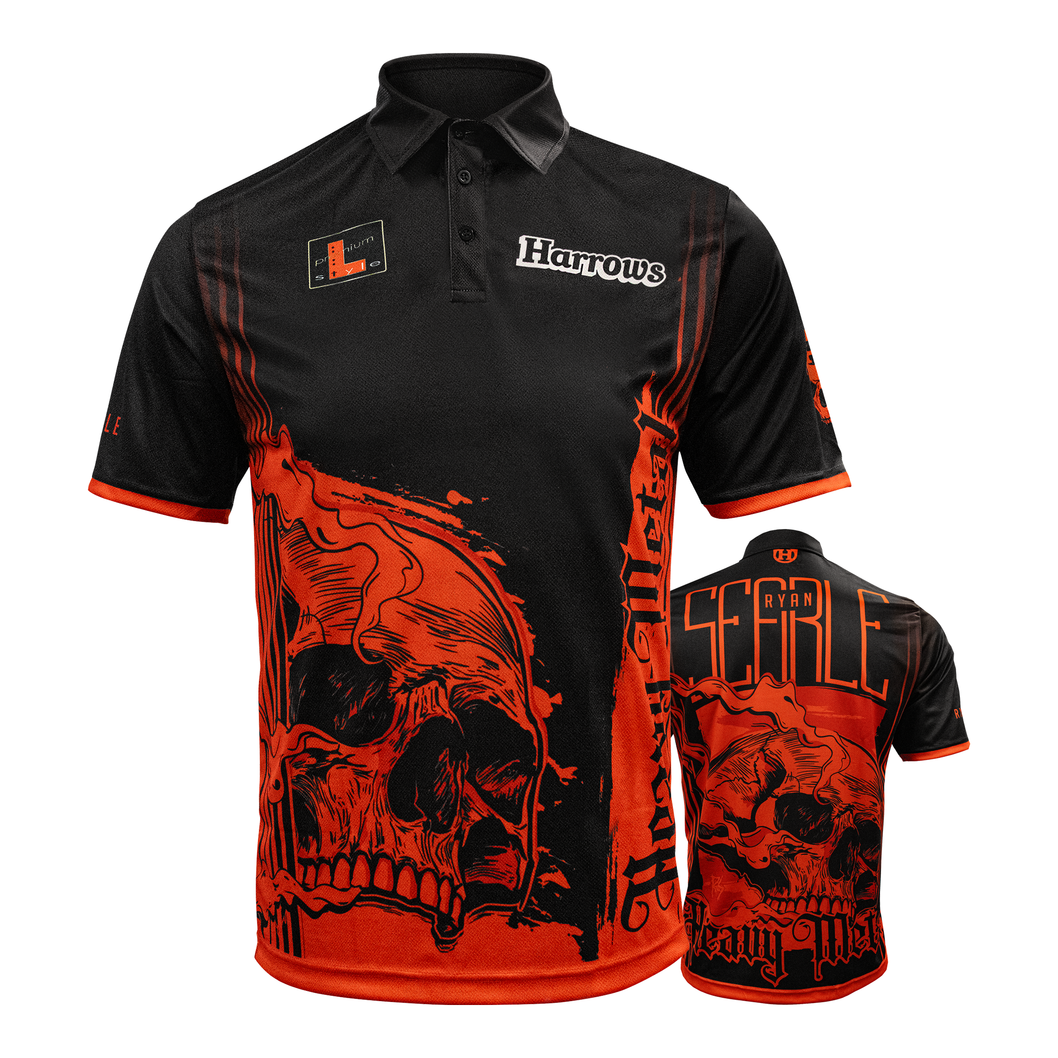 Gezeigt wird das Harrows Ryan Searle Heavy Metal Playershirt. Dieses Produkt ist ein Spielertrikot für Dartfans.