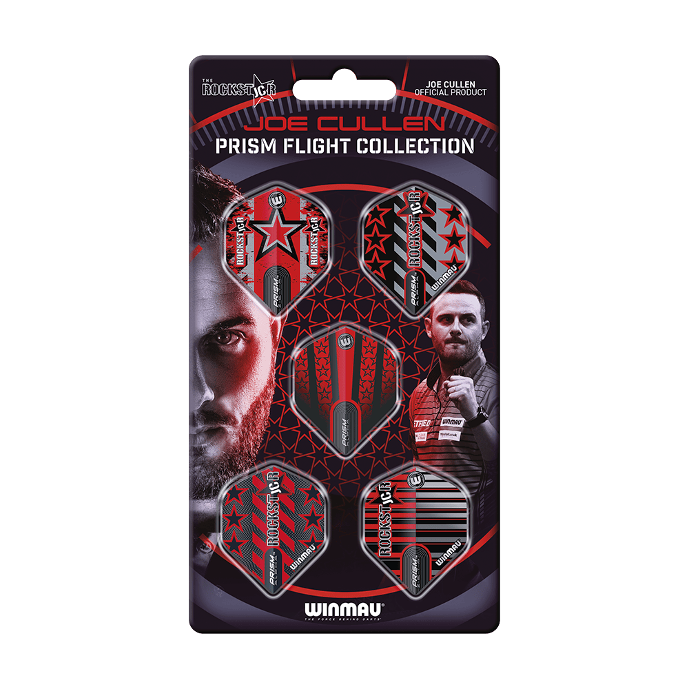 8138_Winmau_Joe_Cullen_Prism_Flight_Collection_1 Das Bild zeigt die "Winmau Joe Cullen Prism Flight Collection", eine Sammlung von Dart-Flights. Die Verpackung ist rot-schwarz gestaltet und zeigt verschiedene Motive sowie Bilder von Joe Cullen.