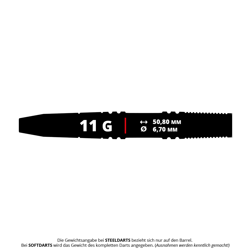 GOAT Athlete Red Brass Steeldarts - 11g Das Bild zeigt den GOAT Athlete Red Brass Steeldart mit einem Gewicht von 11 Gramm. Die Länge beträgt 50,80 mm und der Durchmesser 6,70 mm.