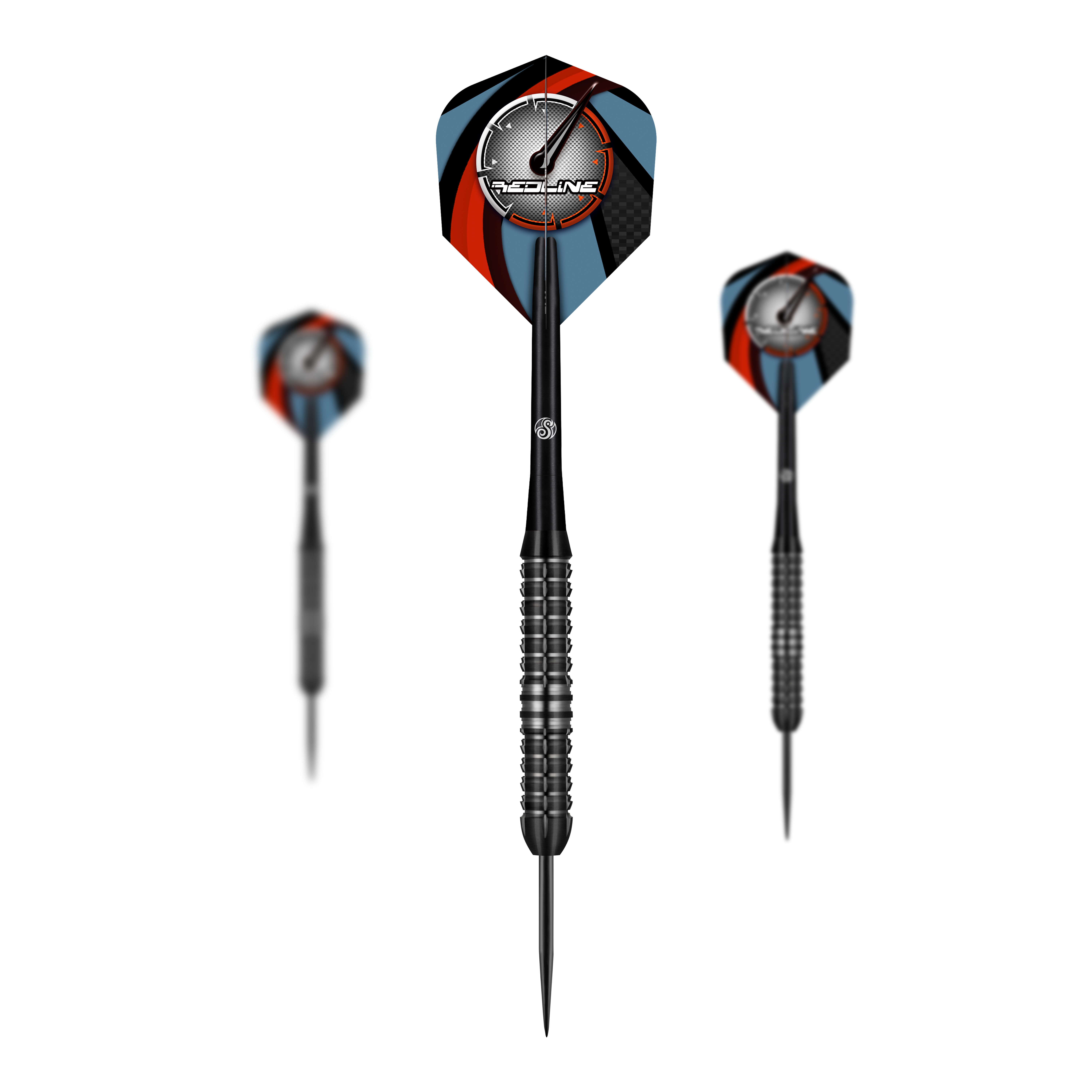 Shot Redline Blazed Steel Darts Das Bild zeigt drei Steeldarts des Produkts "Shot Redline Blazed". Die Flights sind mit einem schwarz-roten und blauen Muster sowie dem Redline-Logo gestaltet.