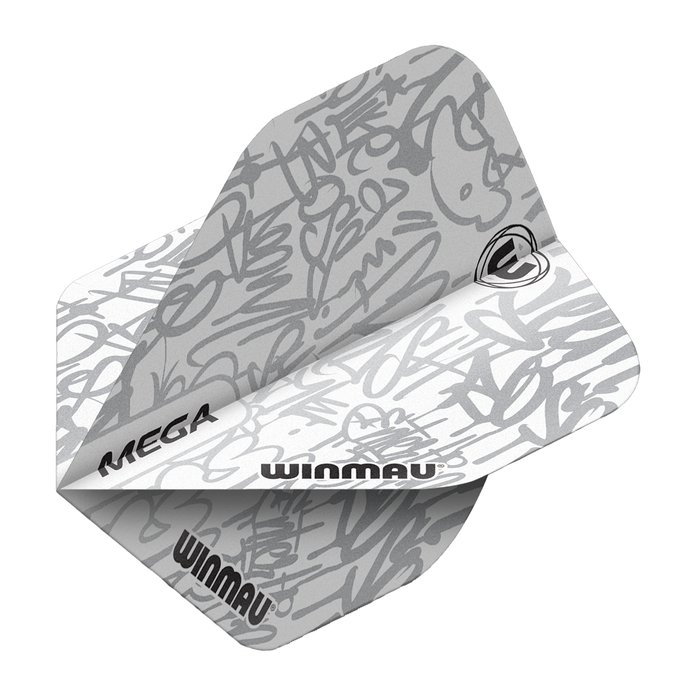 6900-243_Winmau_Mega_White_Standard_Flights_2 Das Bild zeigt die "Winmau Mega White Standard Flights" mit einem weißen Hintergrund und grauen grafischen Mustern. Auf den Flights sind die Wörter "MEGA" und "WINMAU" deutlich zu erkennen.