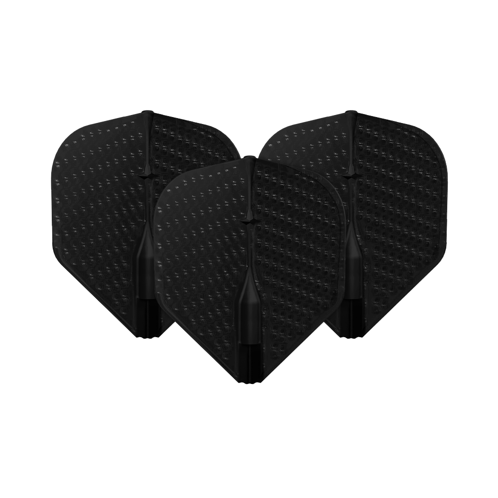 L-Style Flights Dimple Champagne L1EZ Standard Auf dem Bild sind drei schwarze Dart-Flights mit Dimple-Oberfläche zu sehen. Sie stehen nebeneinander und sind identisch geformt.