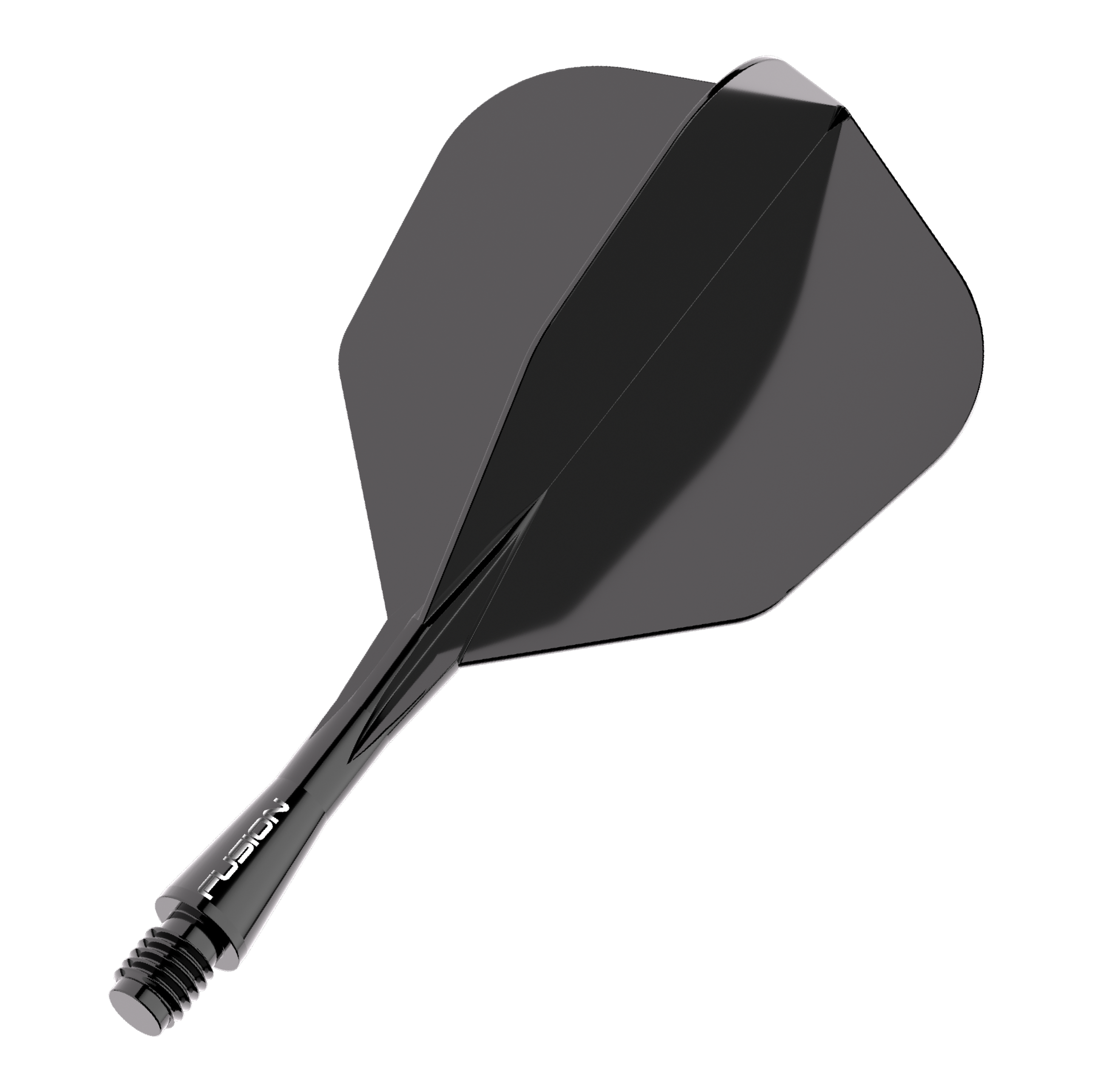 Das Bild zeigt ein schwarzes Dart Flight-Schaft-System. Es trägt den Schriftzug "FUSION" auf dem Schaft und hat eine glänzende Oberfläche.