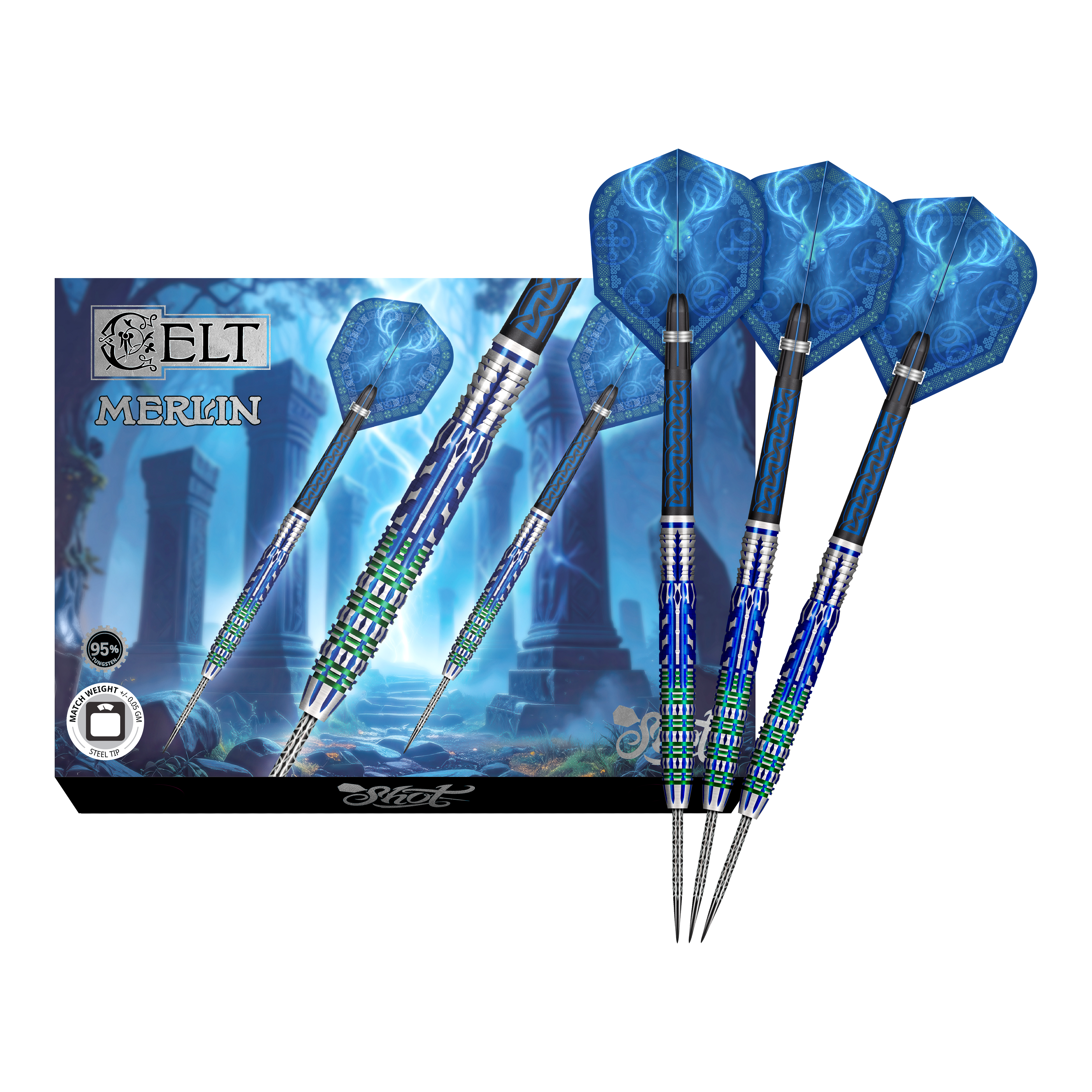 Shot Celt Merlin steel darts Hier sieht man die Shot Celt Merlin Steeldarts in voller Ansicht. Sie eignen sich für professionelle Spieler.