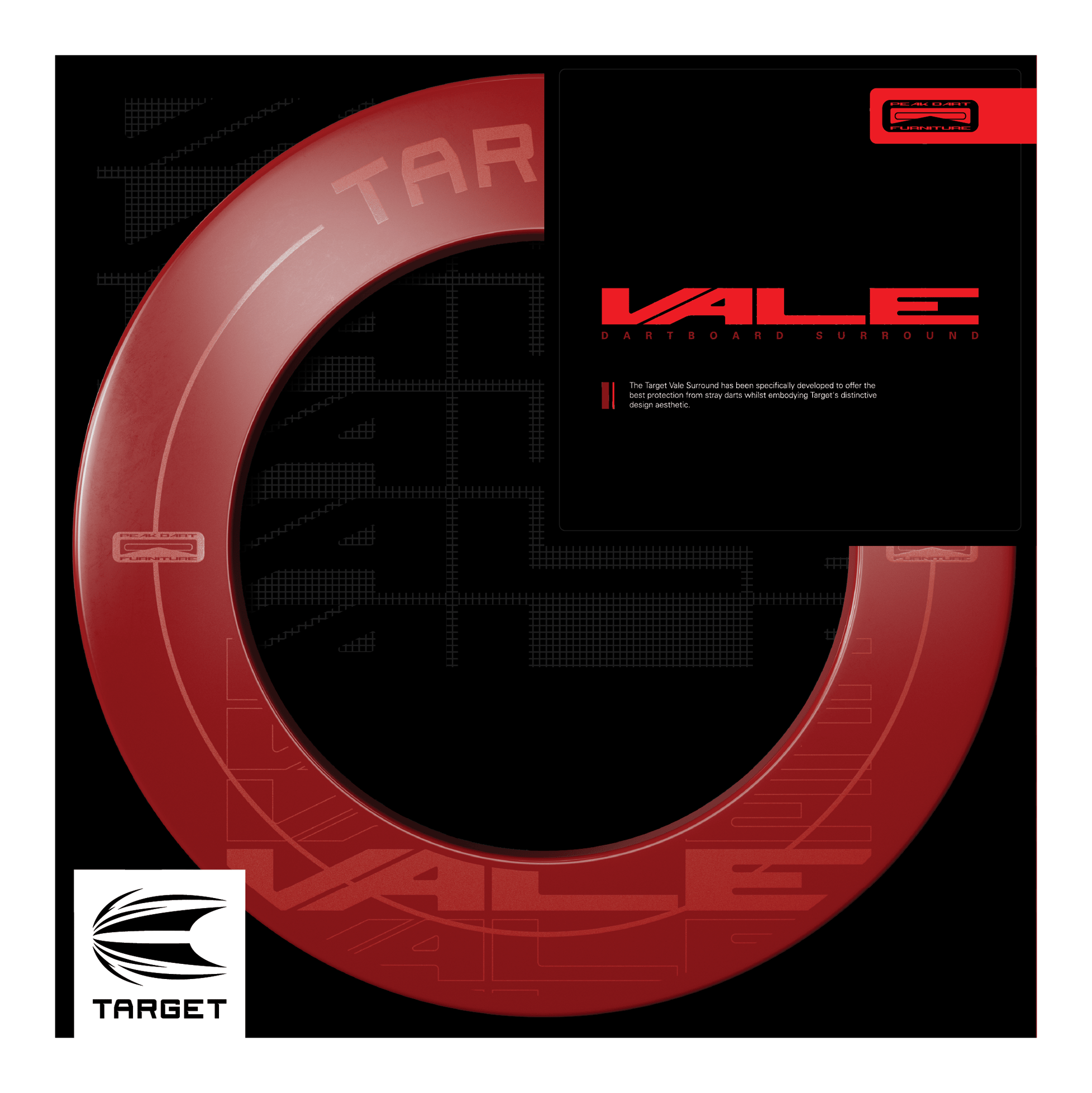Target VALE Dartboard Surround Das Bild zeigt das Produkt "Target VALE Dartboard Surround" in einem auffälligen roten Design. Es wurde speziell entwickelt, um den bestmöglichen Schutz für Wände beim Dartspiel zu bieten.