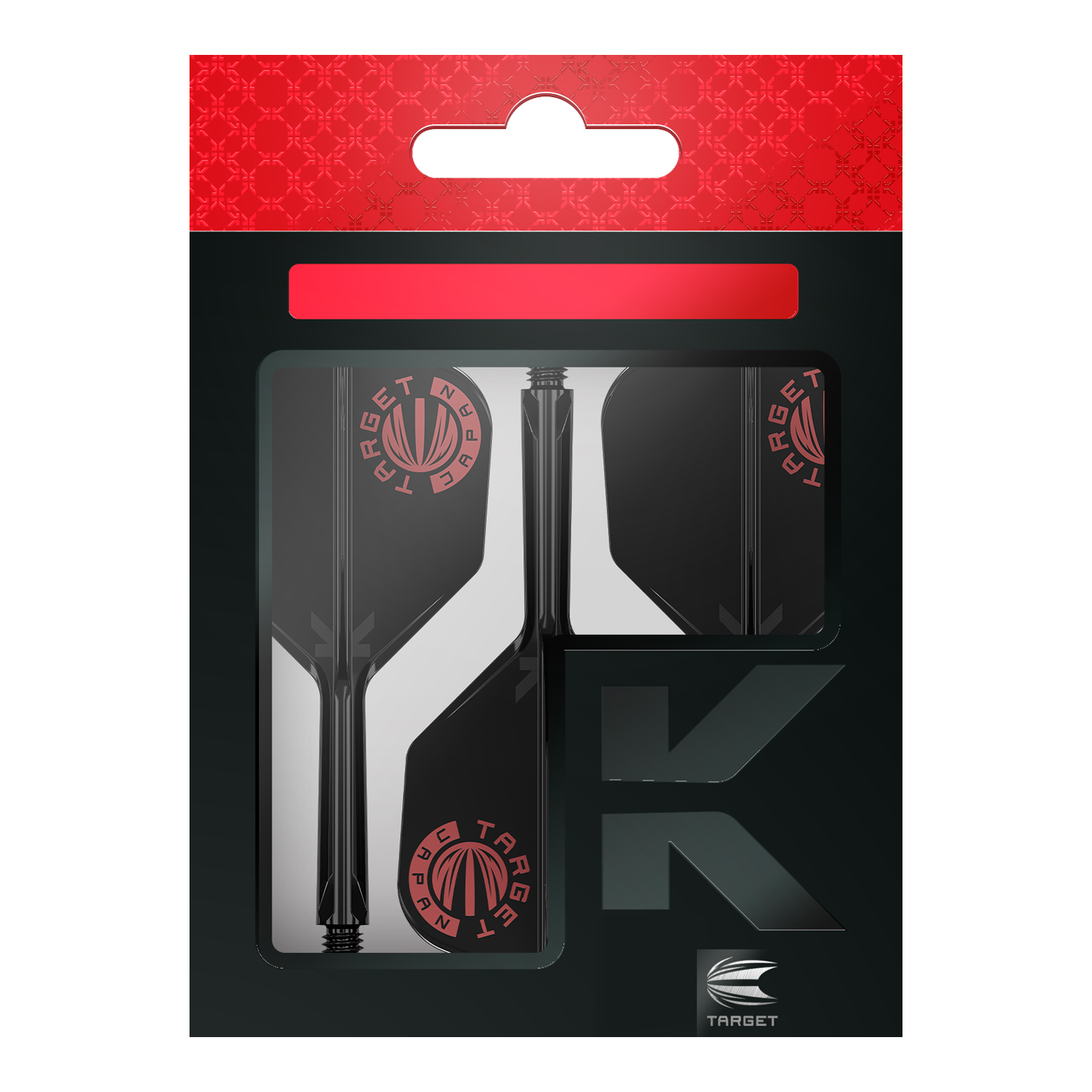 Target Japan K-Flex Original Logo Red Black No6 Flight Shaft System Das Bild zeigt die Verpackung des Produkts "Target Japan K-Flex Original Logo Red Black No6 Flight-Shaft-System". Die Verpackung ist schwarz mit roten Akzenten und dem Target-Logo sichtbar.