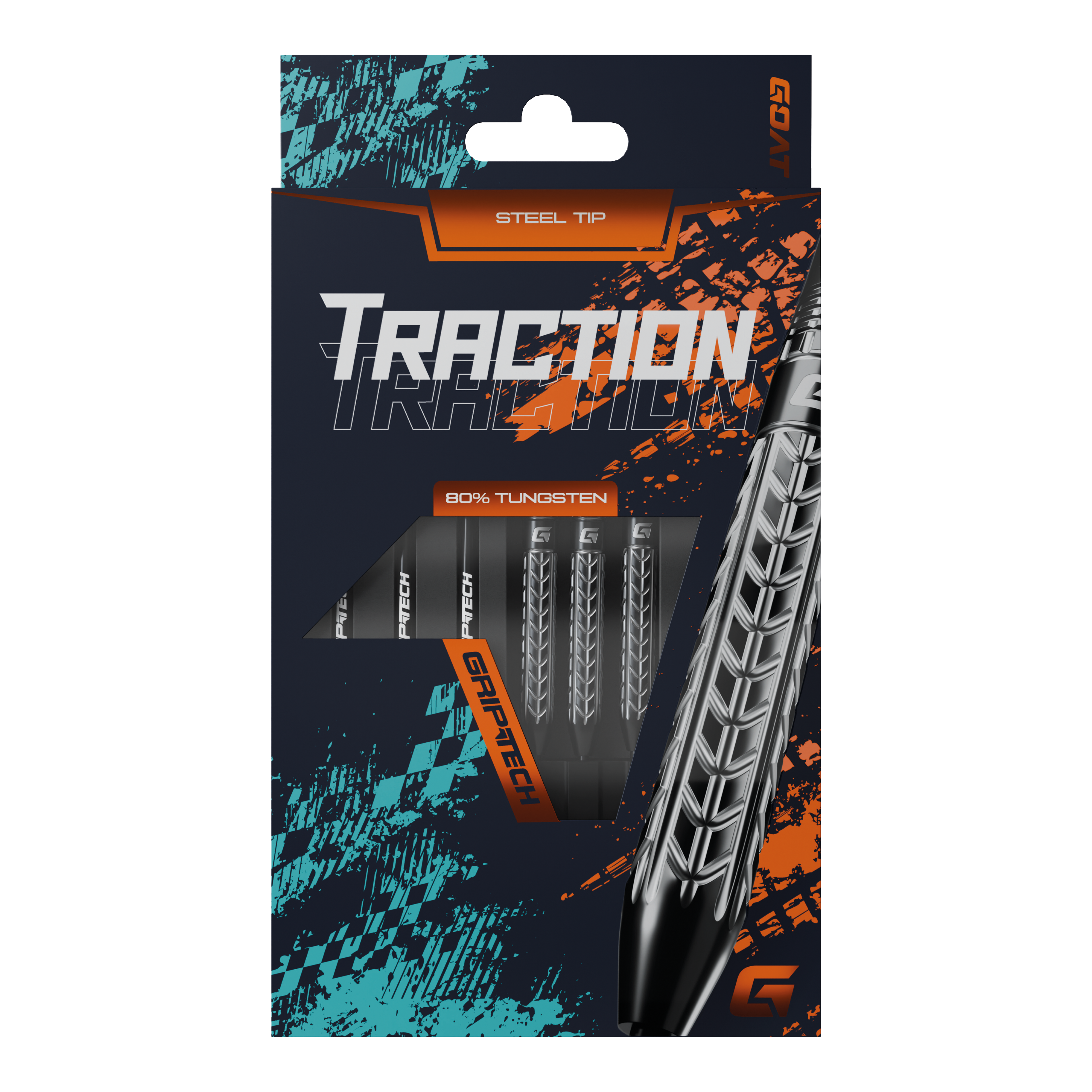 GOAT Traction Tungsten Steel Darts Die Abbildung zeigt die Verpackung der "GOAT Traction Tungsten Steeldarts" mit Stahlspitzen. Auf der Vorderseite ist das auffällige Design und der Hinweis auf 80% Tungsten sowie GRIPTECH deutlich sichtbar.