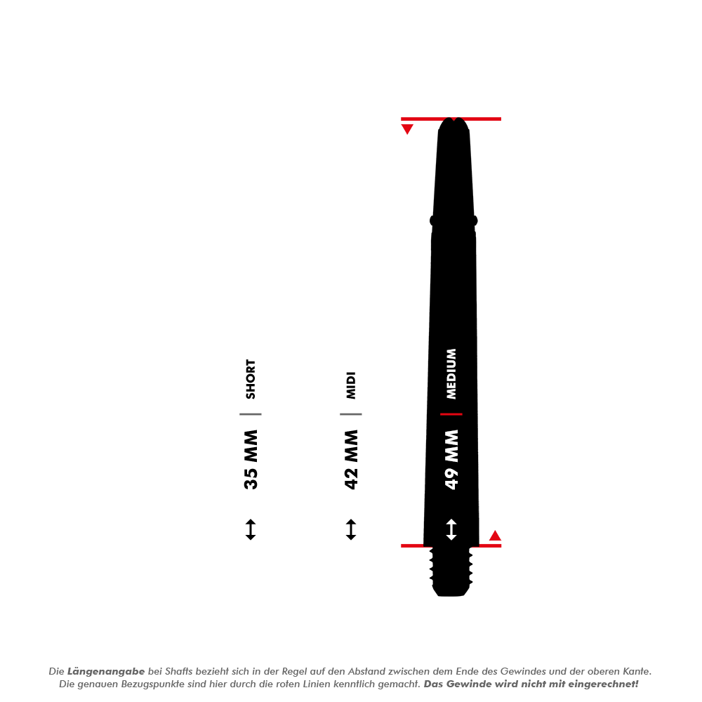 _Harrows_Carbon_360_Shafts_5_49mmFvx7rLcTxSAwY Das Bild zeigt drei verschiedene Längen von Dartshafts: Short (35 mm), Midi (42 mm) und Medium (49 mm). Die Längenangabe bezieht sich auf den Abstand zwischen dem Ende des Gewindes und der oberen Kante, was durch rote Linien markiert ist.