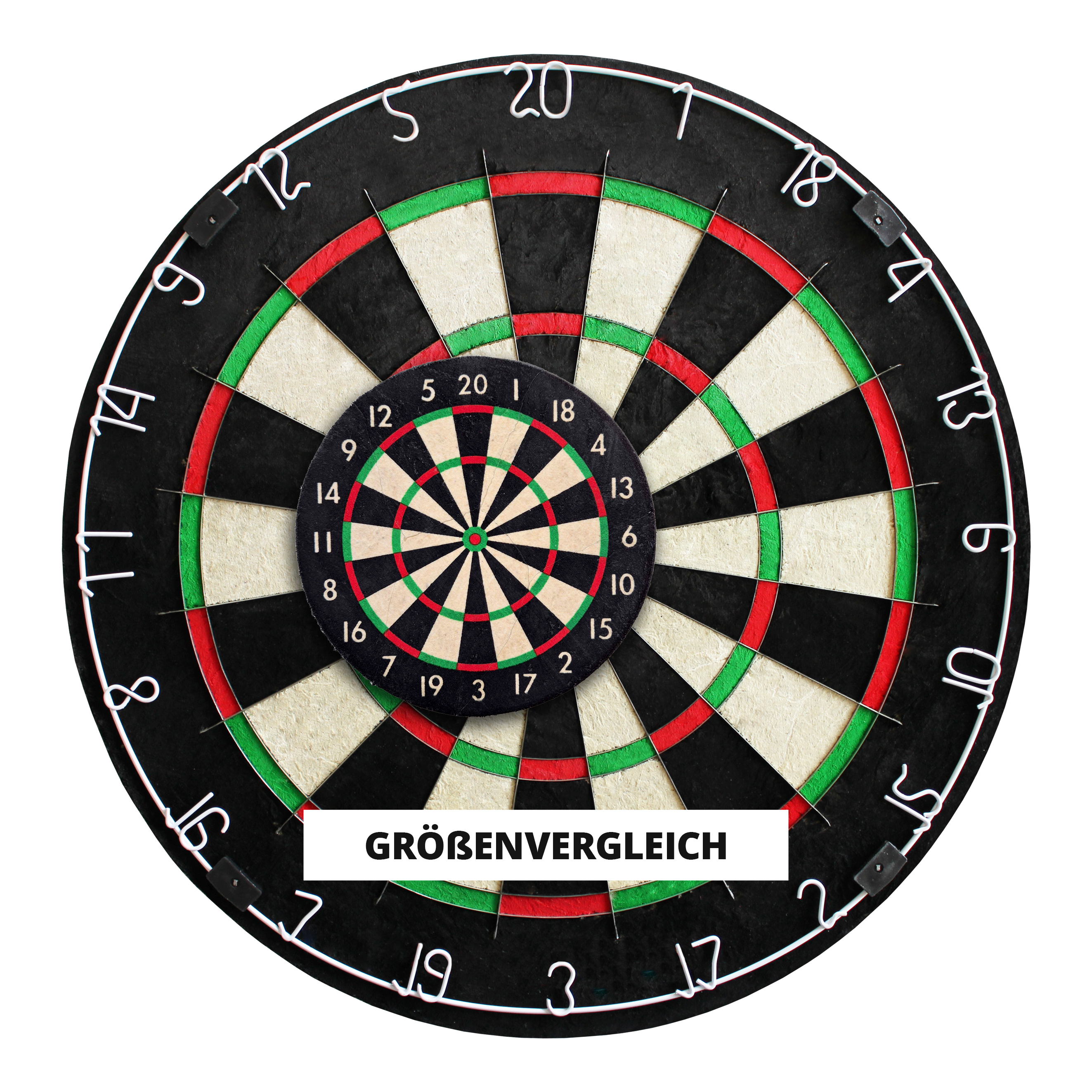 Ruthless Mini Desktop Dartboard Set Das Bild zeigt zwei Dartscheiben, eine große und eine kleine, die übereinander gelegt wurden. In der Mitte steht das Wort "Größenvergleich" auf einem weißen Streifen.