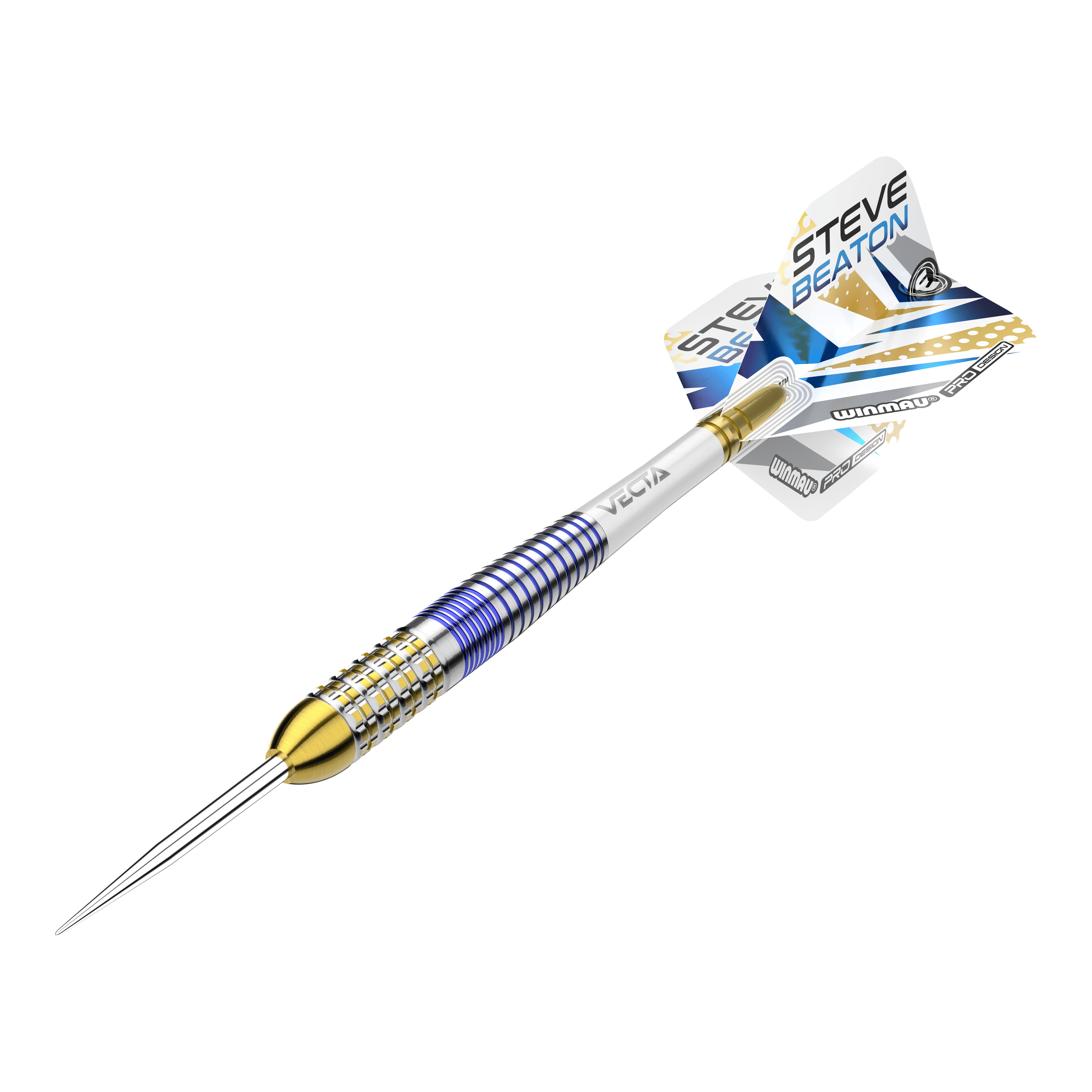 Winmau Steve Beaton Legend Series Steeldarts Das Bild zeigt einen Steeldart aus der Winmau Steve Beaton Legend Series. Der Dart hat ein farbenfrohes Design mit blauen, goldenen und silbernen Akzenten.