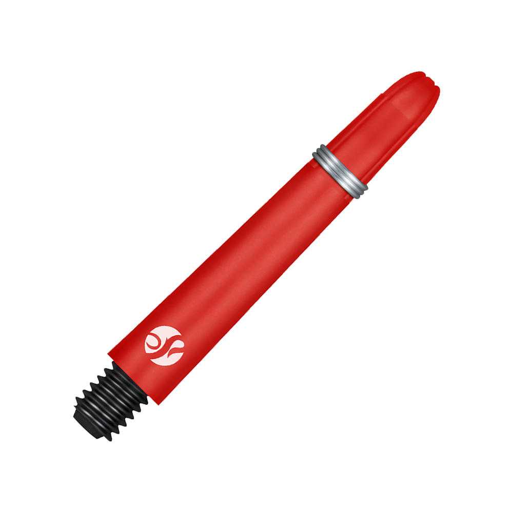 Shot Koi Carbon Shafts - Red Auf dem Bild ist ein roter Carbon-Schaft für Dartpfeile zu sehen. Er hat ein silbernes Ringdetail und ein schwarzes Schraubgewinde am Ende.
