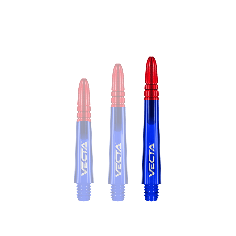 Winmau Vecta Shafts - Blue Red Das Bild zeigt drei Dartschäfte in den Farben Blau und Rot. Auf jedem Schaft steht der Schriftzug „VECTA“.