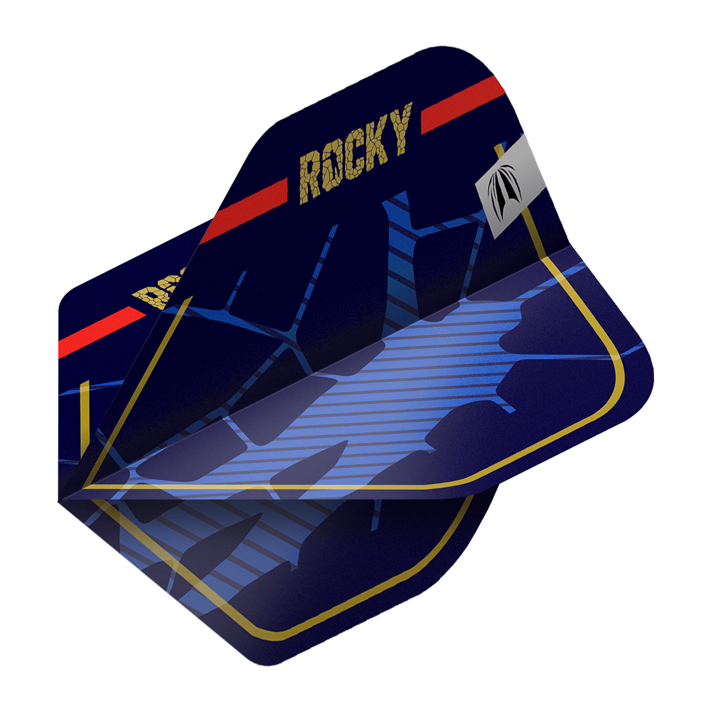 Target Pro Ultra Josh Rock GEN1 No2 Standard Flights - 3 Sets Das Bild zeigt drei Sätze der Target Pro Ultra Josh Rock GEN1 No2 Standard Flights. Die Flights sind dunkelblau mit goldener Umrandung und dem Schriftzug "ROCKY" in Gold.