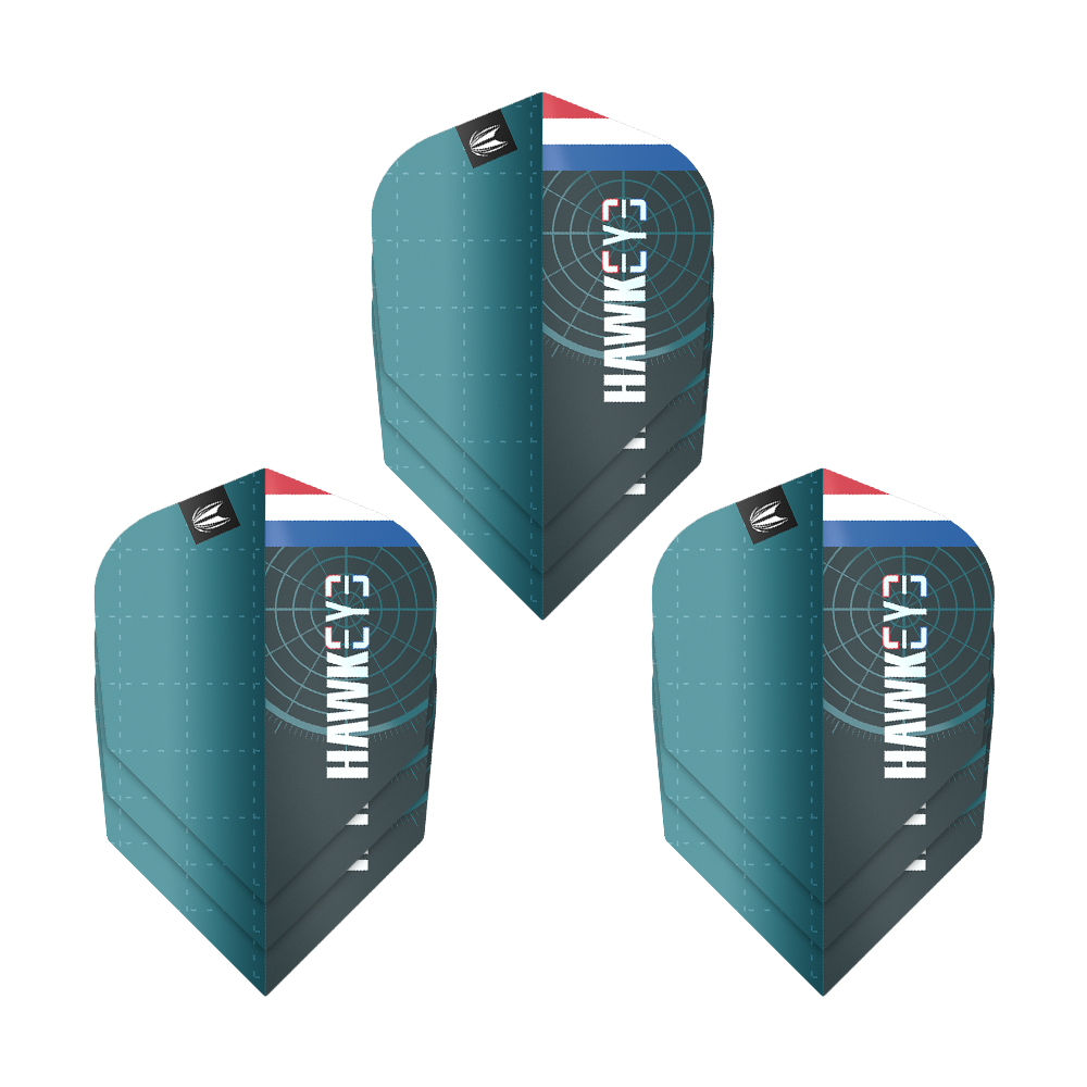 Target Pro Ultra Kevin Doets GEN1 No6 Flights - 3 Sets Das Bild zeigt drei Sätze der Target Pro Ultra Kevin Doets GEN1 No6 Flights. Die Flights sind blau-grün und haben das Wort "Hawkeye" sowie ein Target-Design und eine kleine Flagge.