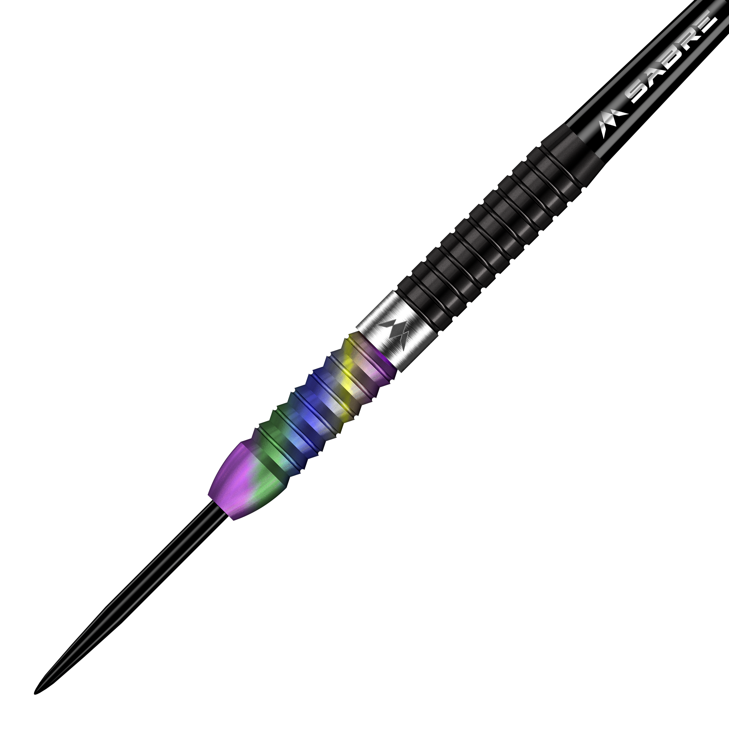 Mission Matt Edgar Steeldarts Das Bild zeigt einen Mission Matt Edgar Steeldart mit einem bunten, regenbogenfarbenen Griff. Der Dart hat ein schwarzes Schaftstück und eine scharfe Spitze.