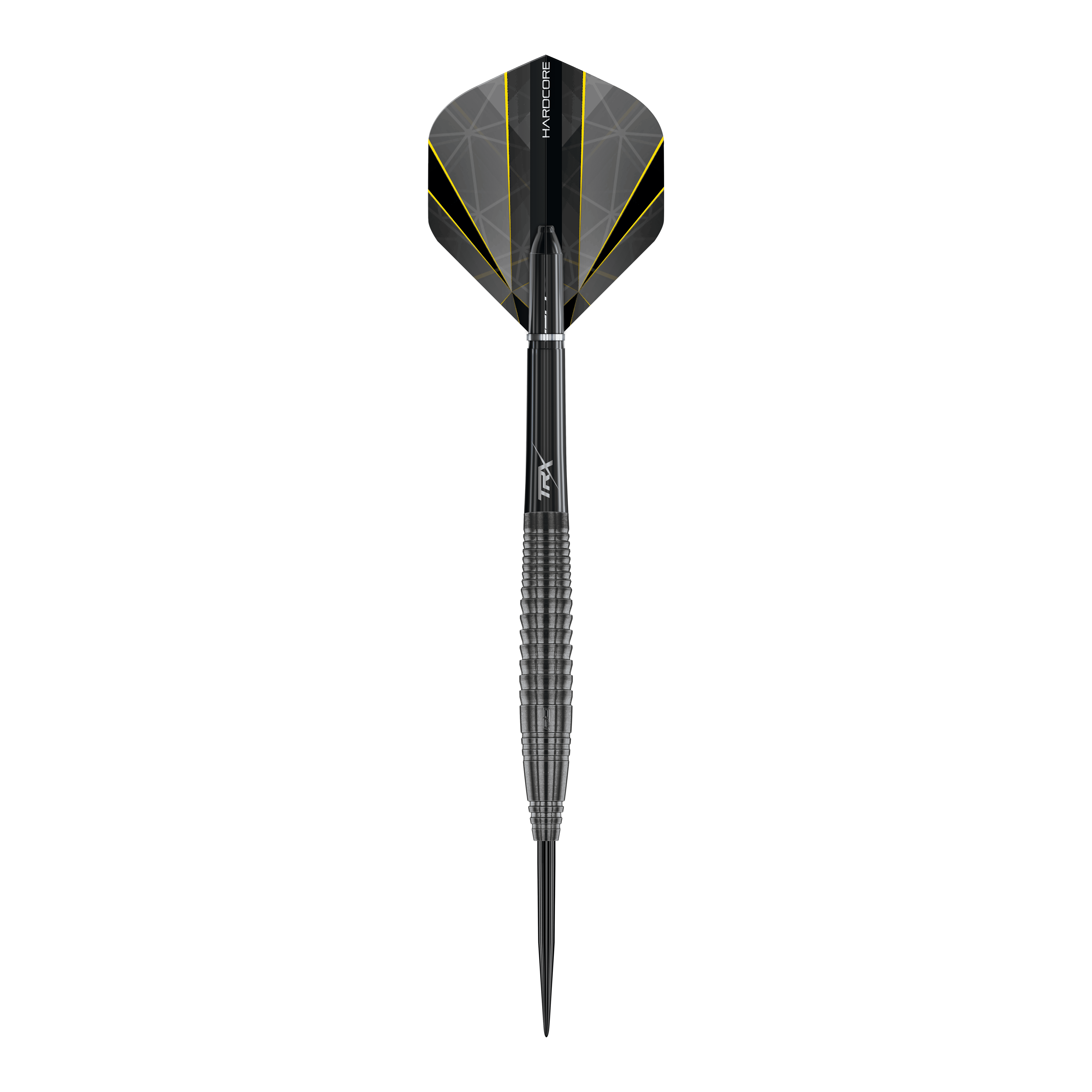Red Dragon Seren 4 Onyx Steeldarts Dieses Bild zeigt den "Red Dragon Seren 4 Onyx Steeldart". Der Dartpfeil ist schwarz mit gelben Akzenten und hat ein modernes, geriffeltes Design.