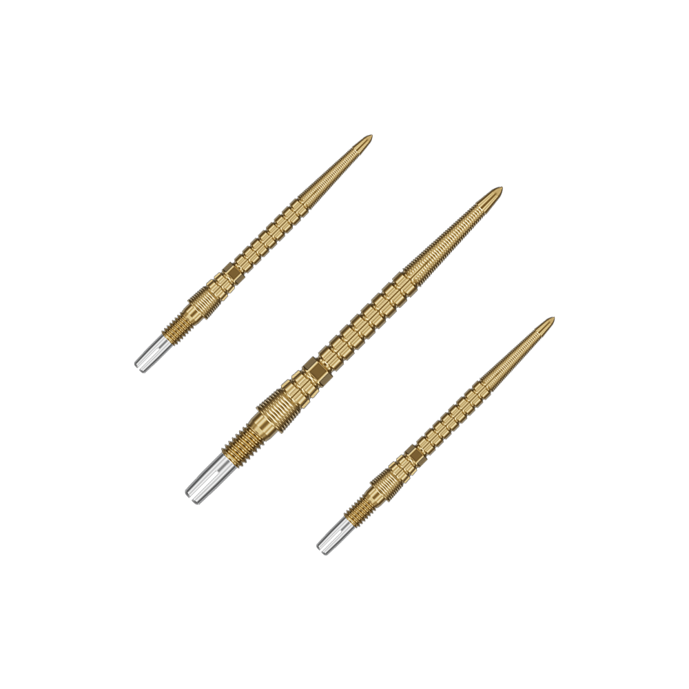 Target Chrono Swiss Storm Point Dart Tips - Gold Das Set enthält mehrere goldene Dartspitzen. Sie sind gleichmäßig aufgefächert.