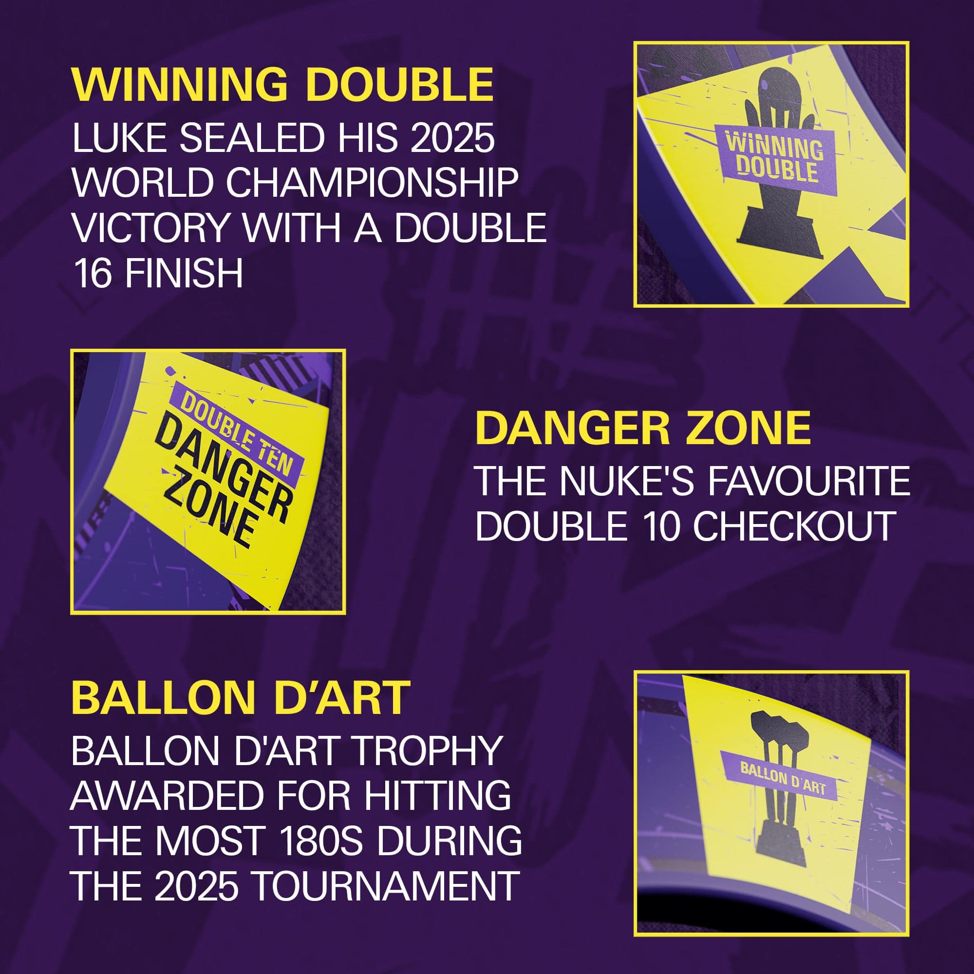 Target Luke Littler World Champion 2025 Surround Goal Steel Dartboard Bundle Das Bild zeigt Details des Produkts "Target Luke Littler World Champion 2025 Surround Tor Steeldartboard Bundle". Es hebt Lukes entscheidenden Double-16-Sieg, das "Danger Zone" Double-10-Feld und die Auszeichnung für die meisten 180er im Turnier hervor.