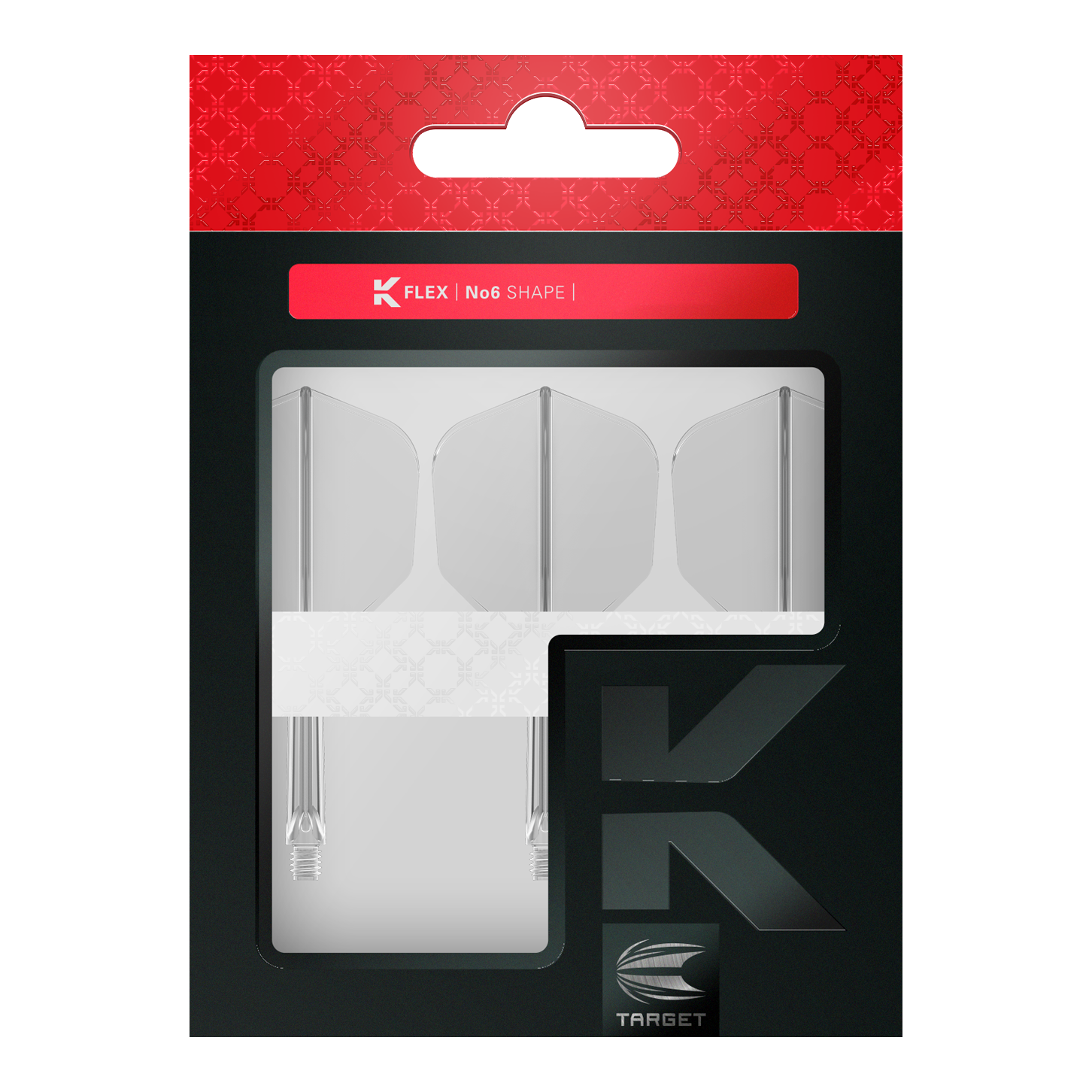 Target K-Flex No6 Flight System - Clear Das Bild zeigt eine Verpackung mit drei klaren Dart-Flights und Schäften der Marke Target. Die Verpackung ist schwarz und rot gestaltet und trägt die Aufschrift „K FLEX | No6 SHAPE“.
