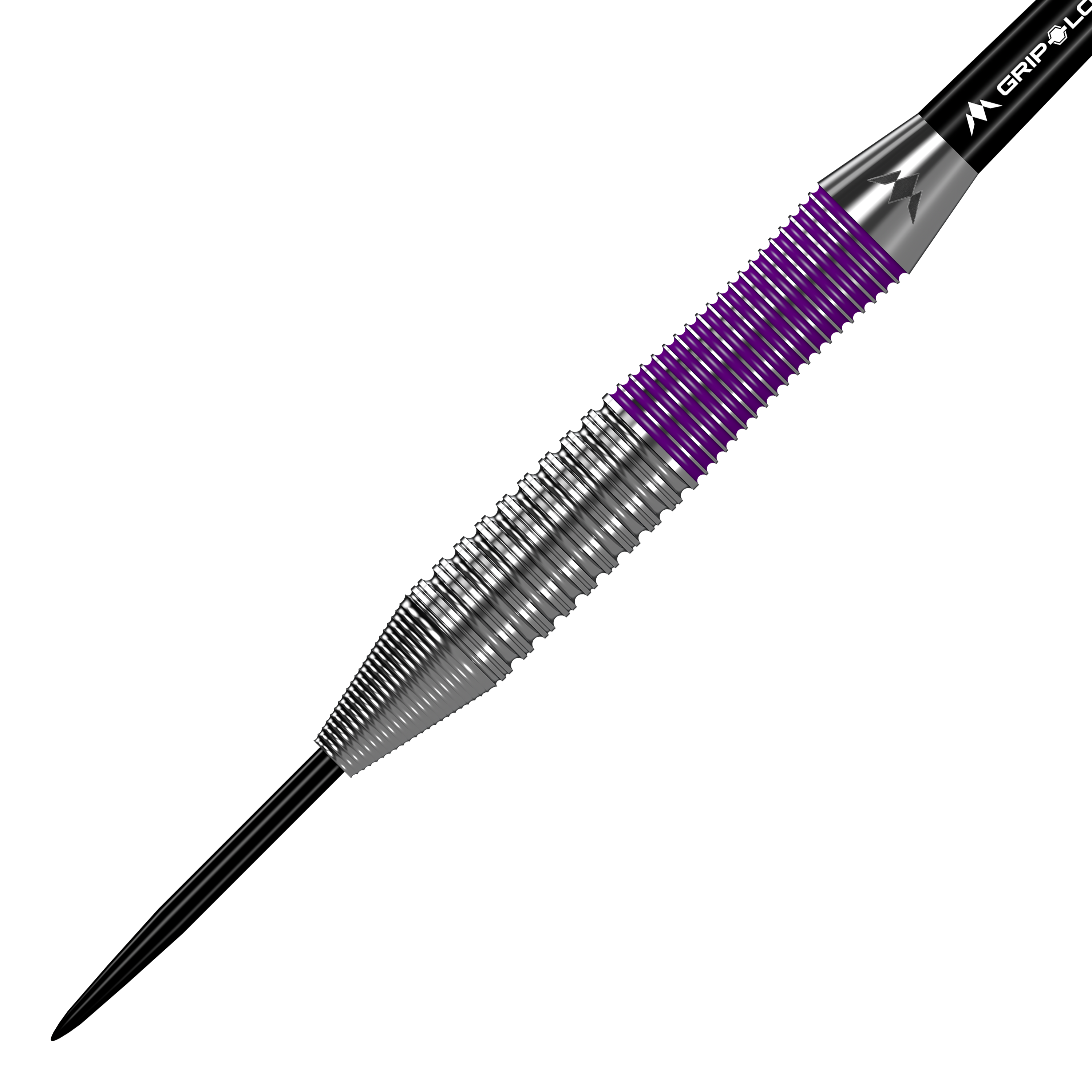 Mission Phantom Brass Steel Darts - 22g Das Bild zeigt einen Mission Phantom Brass Steeldart mit einem Gewicht von 22g. Der Dart hat eine silberne Spitze und ein Griffstück mit lila und silbernen Rillen.