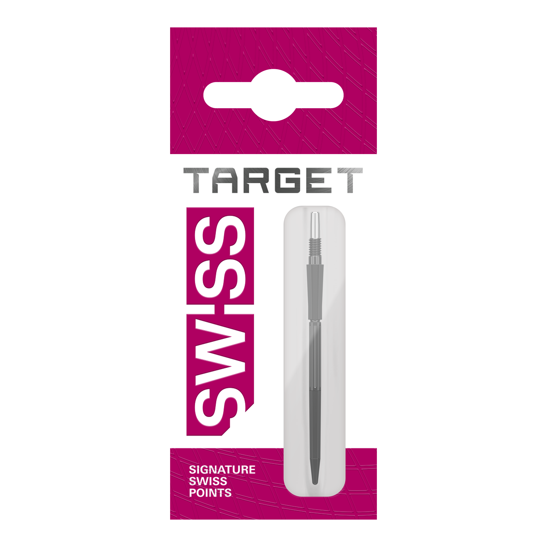 Nahaufnahme eines Dartspitzen-Sets in Schwarz. Die Dartspitzen sind 42 mm lang und wurden wahrscheinlich unter dem Namen 'Target Elysian Archetype 43 SwissPoint' verkauft.