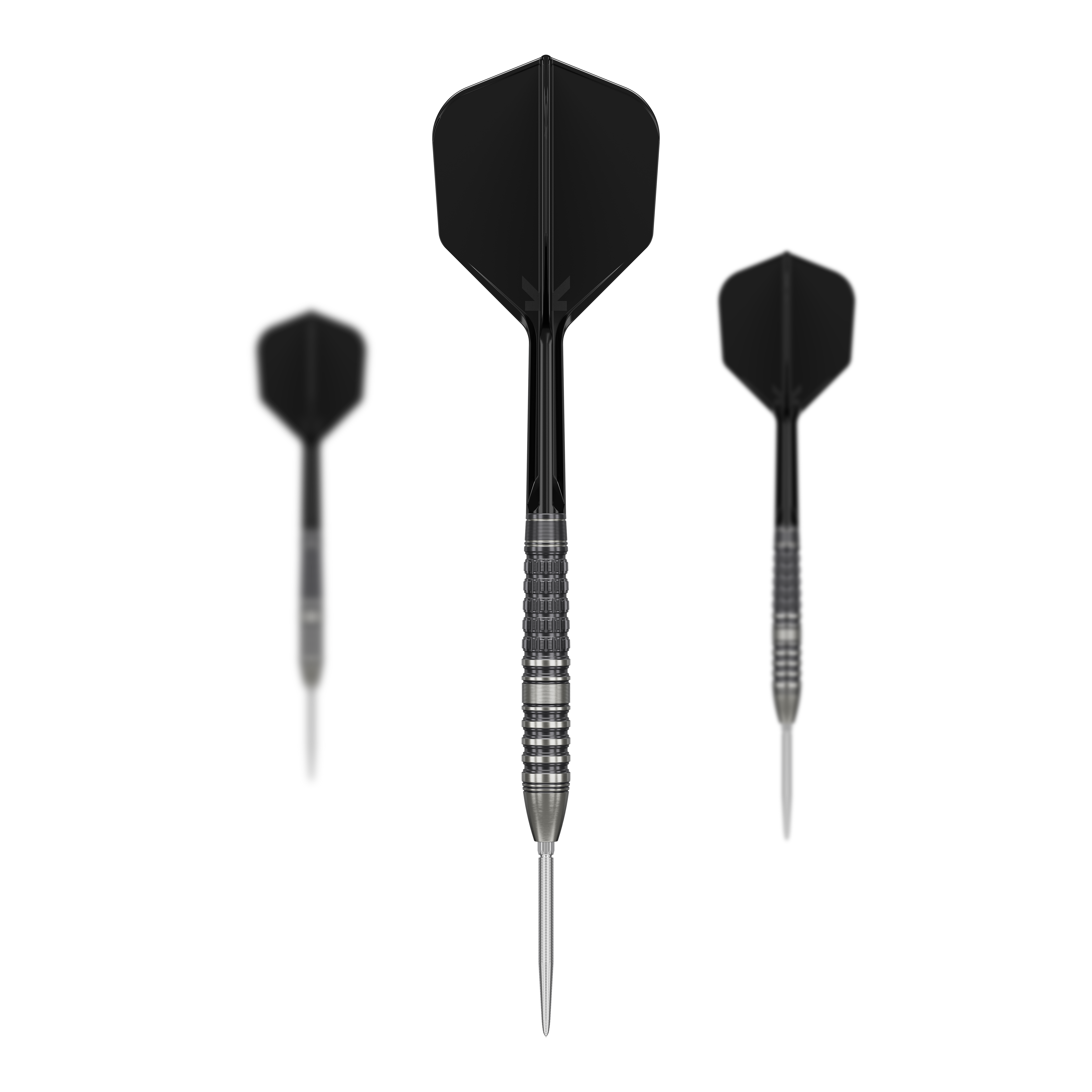 Target Japan Black Marque Lumiere GEN3 steel darts Das Bild zeigt drei Steeldarts mit schwarzen Flights und silbernen Spitzen. Es handelt sich um das Produkt "Target Japan Black Marque Lumiere GEN3 Steeldarts".