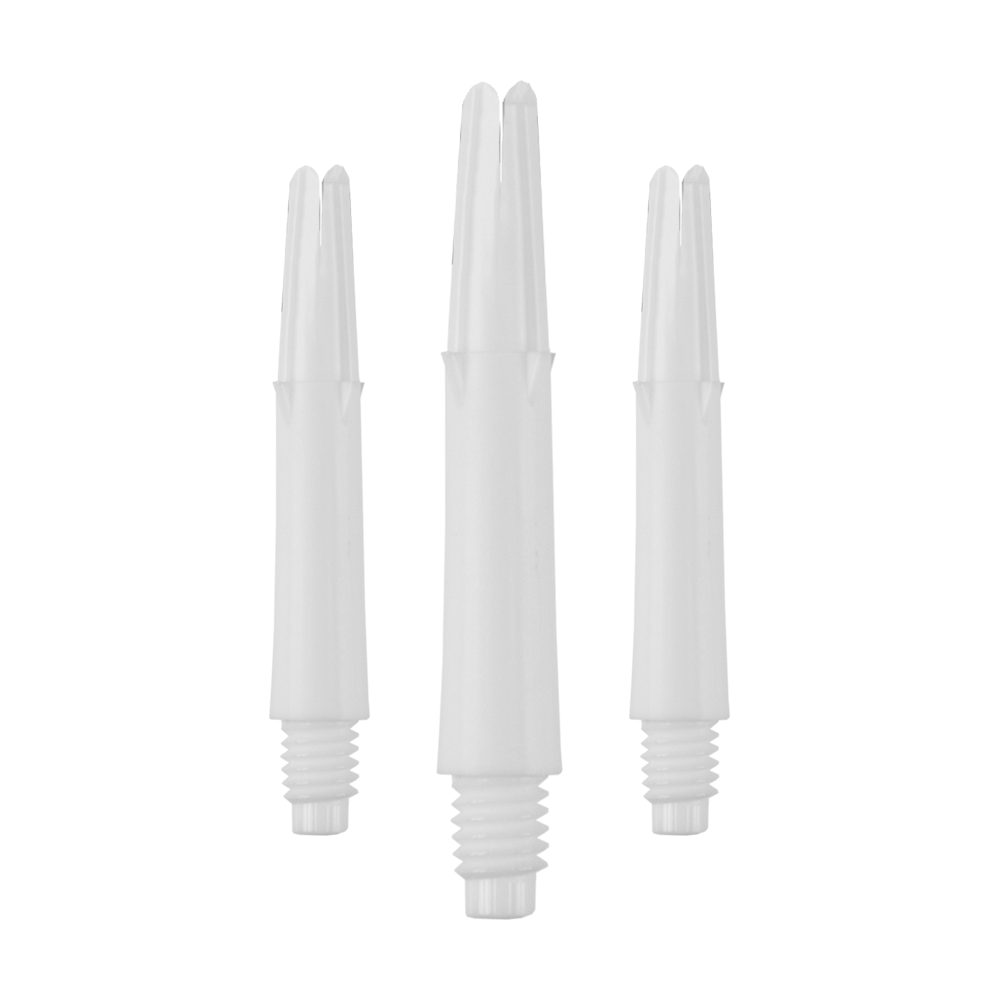 L-L-Style-Shafts Locked Straight - White Auf dem Bild sind drei weiße, gerade Dartschäfte ohne Kappen zu sehen. Sie sind nebeneinander in aufrechter Position angeordnet.