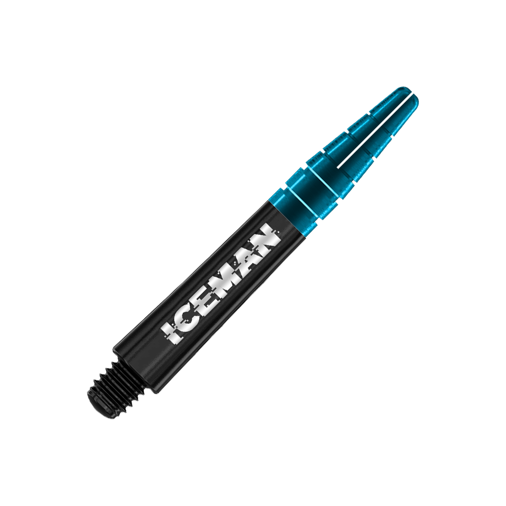 C636_Red_Dragon_Nitrotech_Gerwyn_Price_Shafts_Black_36mm_2dcLzGq1val0Qn Das Bild zeigt den Red Dragon Nitrotech Gerwyn Price Black Shaft. Der Schaft ist schwarz mit der Aufschrift "ICEMAN" und hat ein blaues, durchsichtiges Ende.