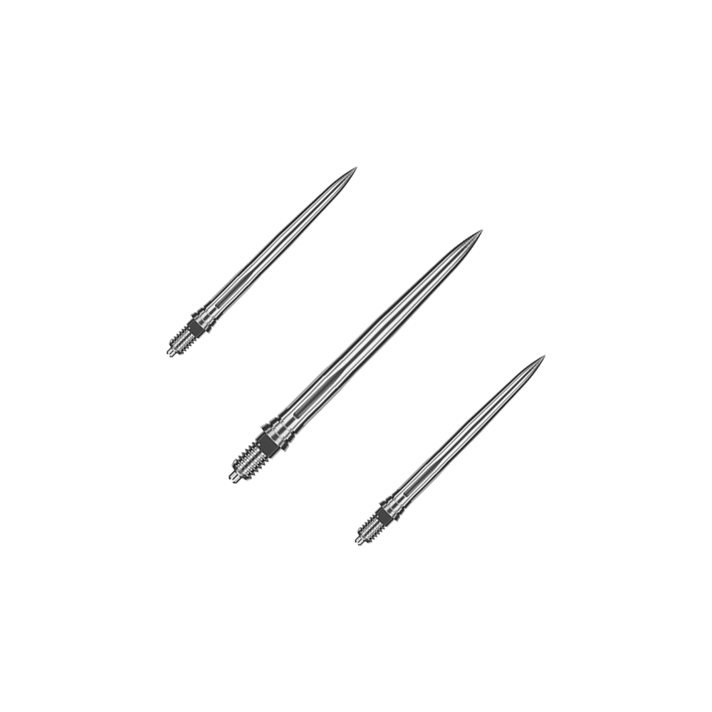 Caliburn EZ-EVO dart tips - Smooth - Silver Das Bild zeigt ein Set aus glatten silbernen Dartspitzen. Die Spitzen sind ordentlich nebeneinander angeordnet.