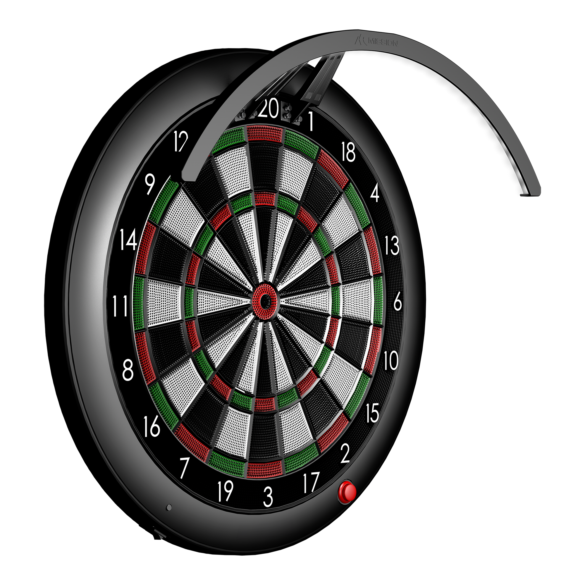 Mission Torus ST lighting system for electronic dartboards Das Bild zeigt ein elektronisches Dartboard mit einem gebogenen Beleuchtungssystem darüber. Das Produkt heißt "Mission Torus ST Beleuchtungssystem für elektronische Dartboards".