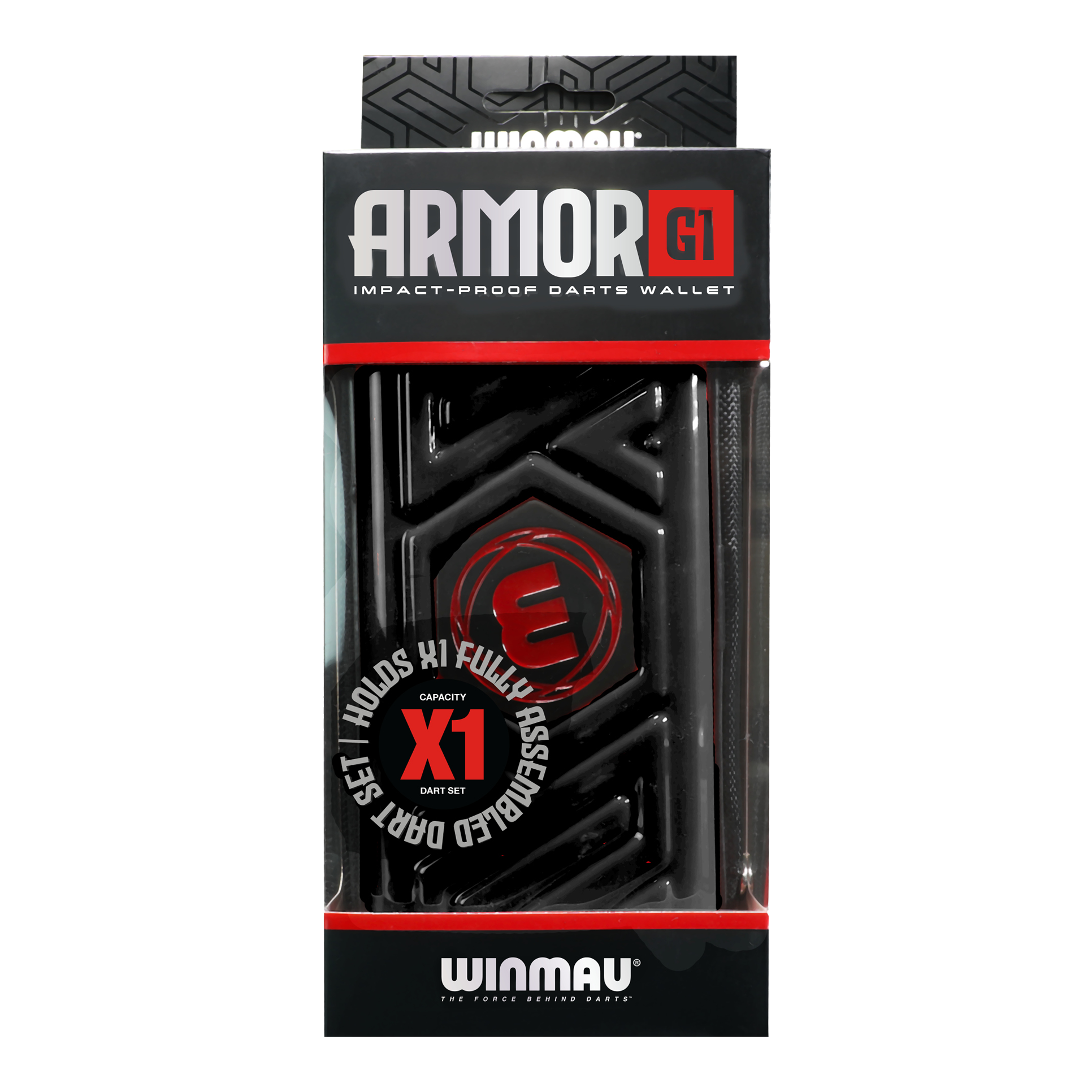 Winmau Armor G1 Dart Wallet Das Bild zeigt eine schwarze Darttasche von Winmau mit dem Namen "Armor G1". Die Verpackung betont, dass sie stoßfest ist und ein vollständig montiertes Dart-Set aufnehmen kann.