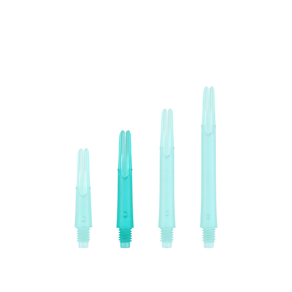L-L-Style-Shafts Locked Straight - Emerald Das Bild zeigt vier grüne, durchsichtige Dartschafts in unterschiedlichen Längen. Sie sind senkrecht und nebeneinander aufgereiht.