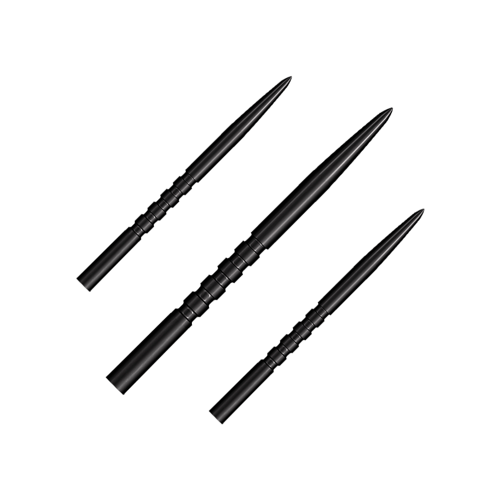 Shot Grip Point steel dart tips - Black Auf dem Bild sind drei schwarze Steeldartspitzen zu sehen. Sie haben eine geriffelte Griffzone und eine spitze Form.
