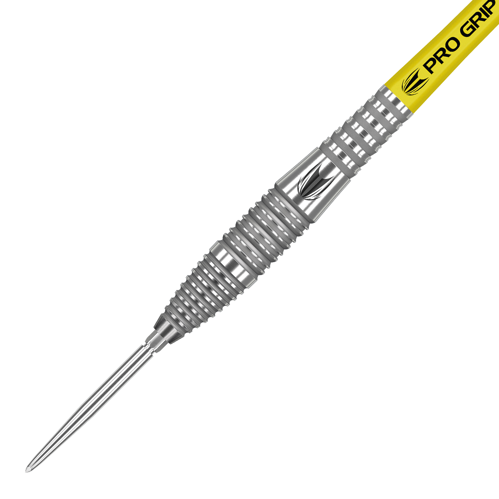 190063_Target_Bolide_05_Swiss_Point_Steeldarts_2 Das Bild zeigt den Target Bolide 05 Swiss Point Steeldart. Der Dartpfeil hat einen silbernen, geriffelten Schaft und einen gelben "Pro Grip"-Schaftaufsatz.