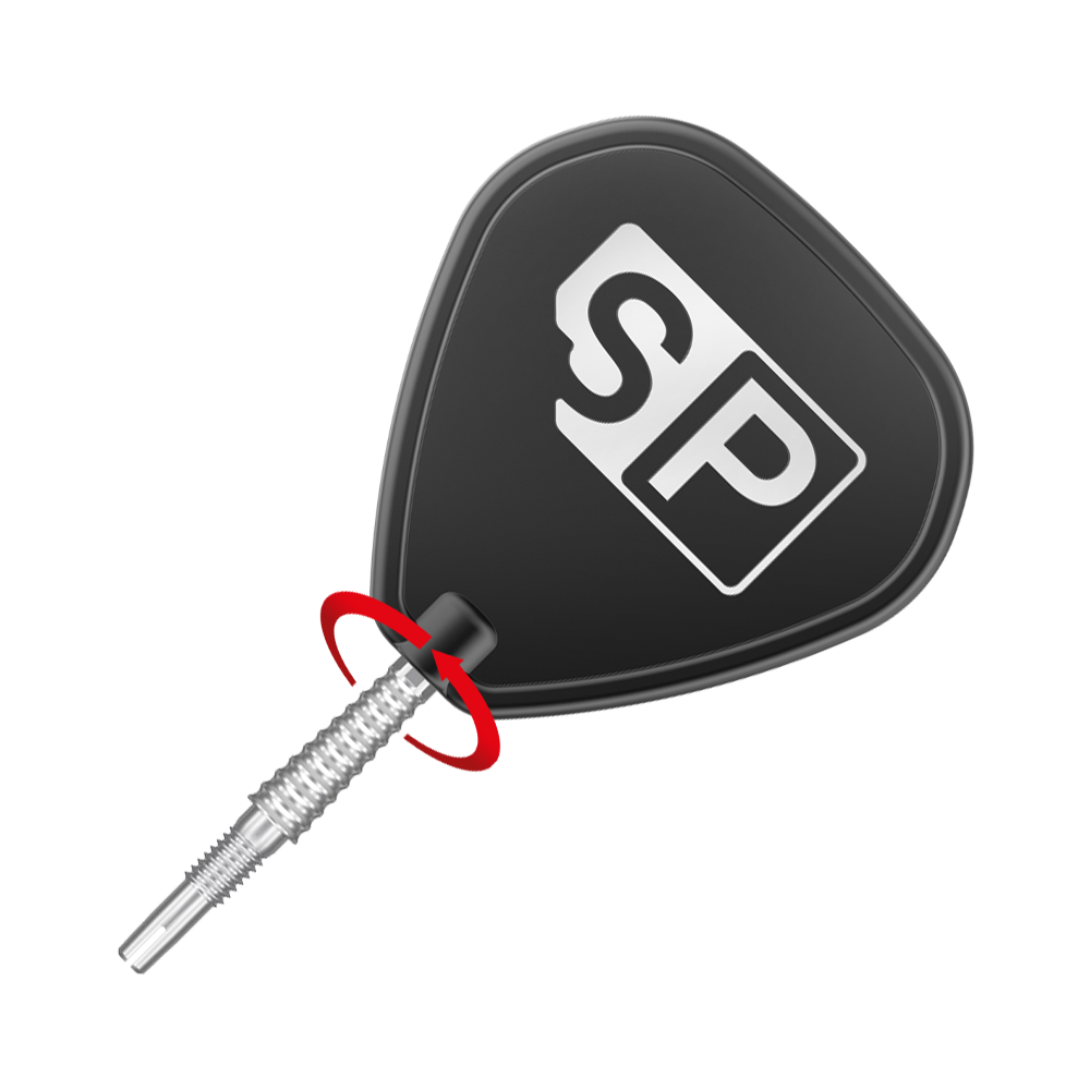 Target Swiss Storm LNC dart tips - silver Das Bild zeigt eine silberne Dartspitze mit einem schwarzen Flight, auf dem die Buchstaben "SP" stehen. Ein roter Pfeil deutet auf eine drehende Bewegung hin.