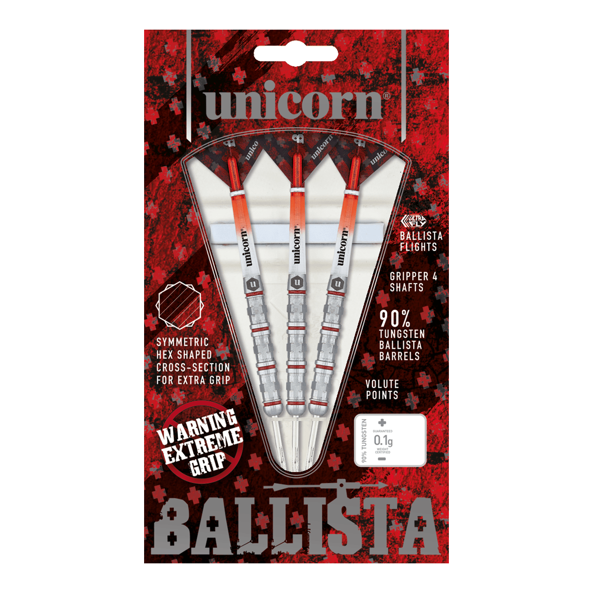 Unicorn Ballista Style 4 steel darts Auf dem Bild ist das Produkt "Unicorn Ballista Style 4 Steeldarts" zu sehen. Die Verpackung zeigt drei Steeldarts mit auffälligem Design und betont ihre hohe Griffigkeit und den 90%igen Wolframanteil.