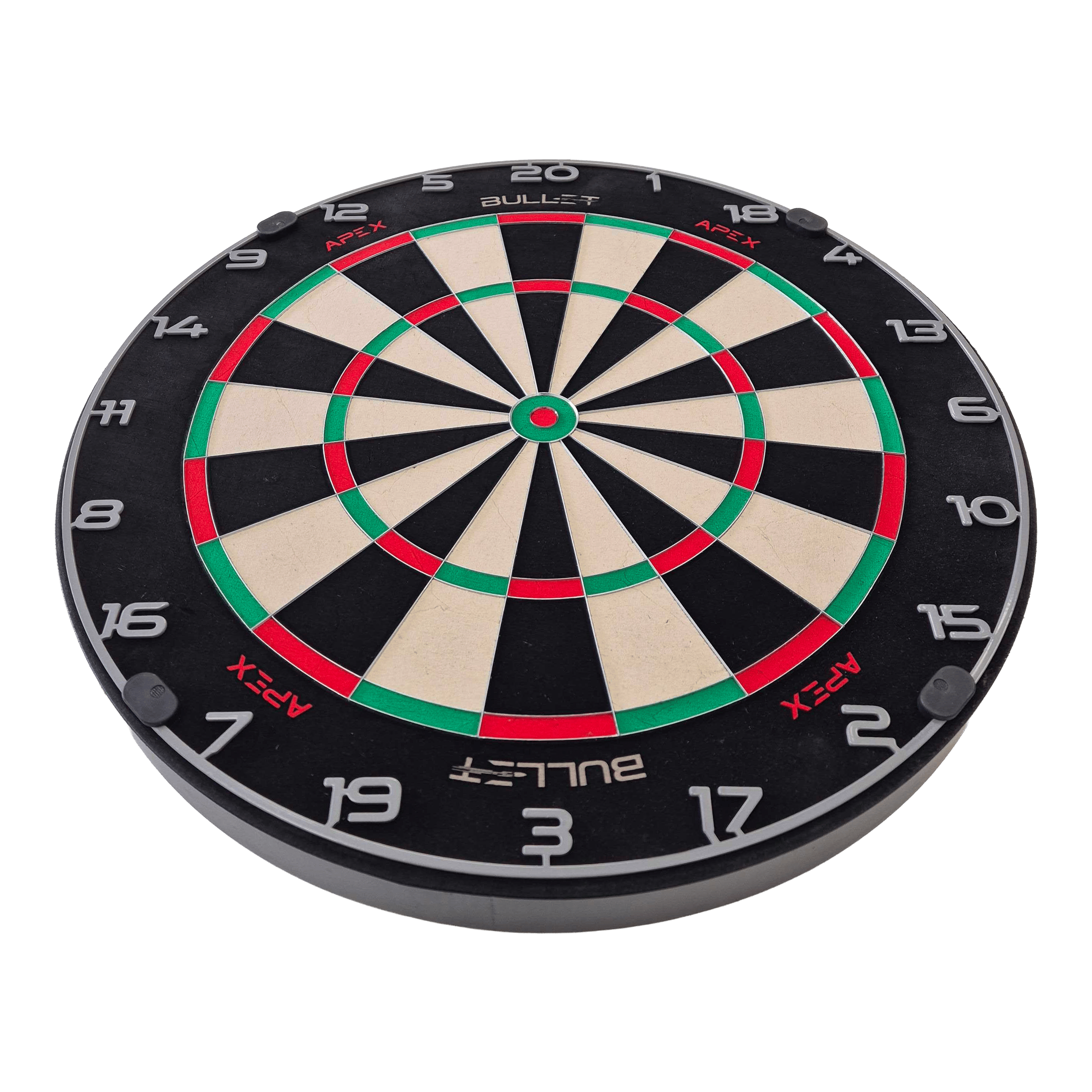 Bullet Apex steel dartboard Bullet Apex Steeldartboard hängt an der Wand. Es ist eine Zielscheibe für Steeldarts.