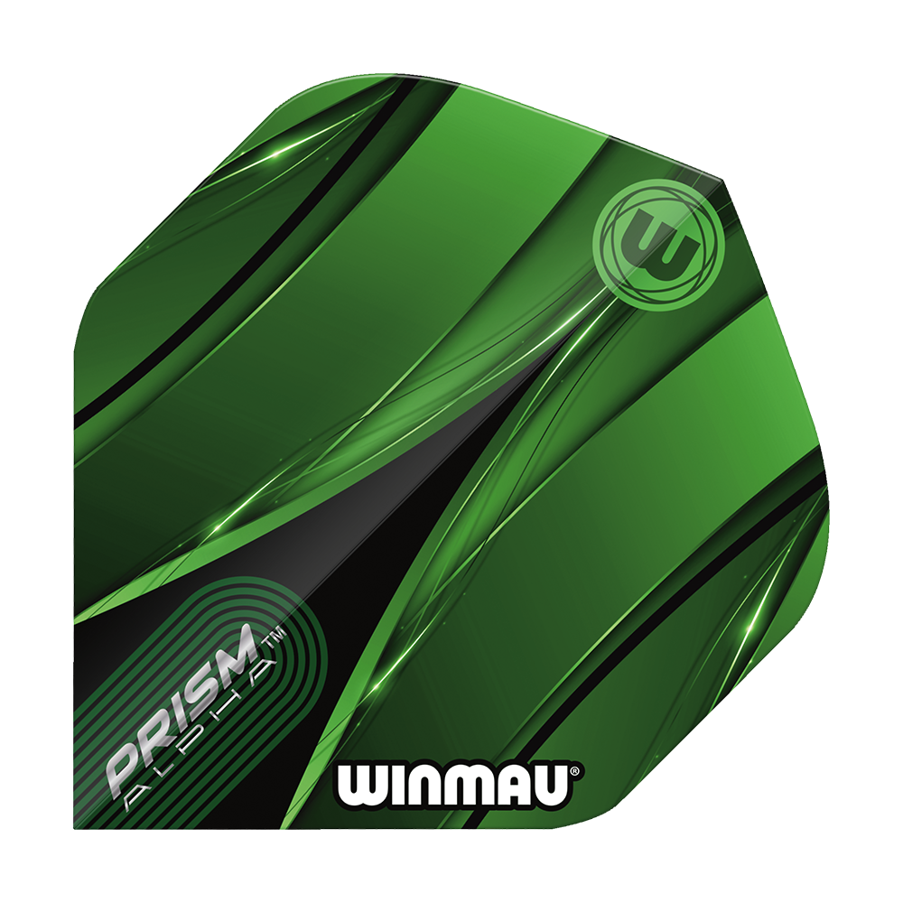 Winmau Alpha Sniper Green Standard Flights Das Bild zeigt ein Winmau Alpha Sniper Green Standard Flight für Darts. Das Flight ist überwiegend grün mit schwarzen und weißen Designelementen und trägt die Aufschriften "PRISM ALPHA" und "WINMAU".
