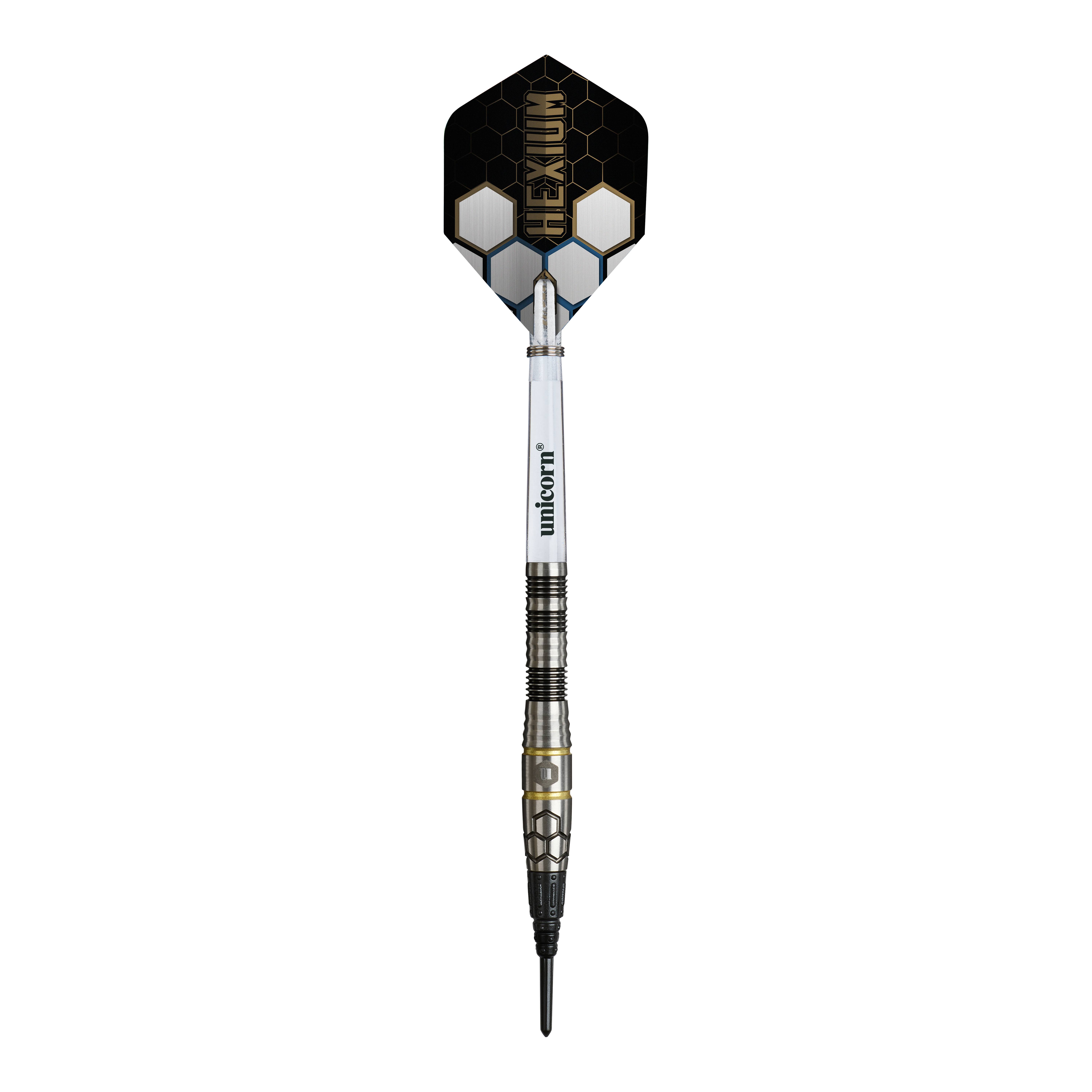 Das Bild zeigt die Unicorn Hexium Style 01 Black & Gold Softdarts mit einem Gewicht von 22 Gramm. Die Darts zeichnen sich durch ihr schwarzes und goldenes Aussehen aus.