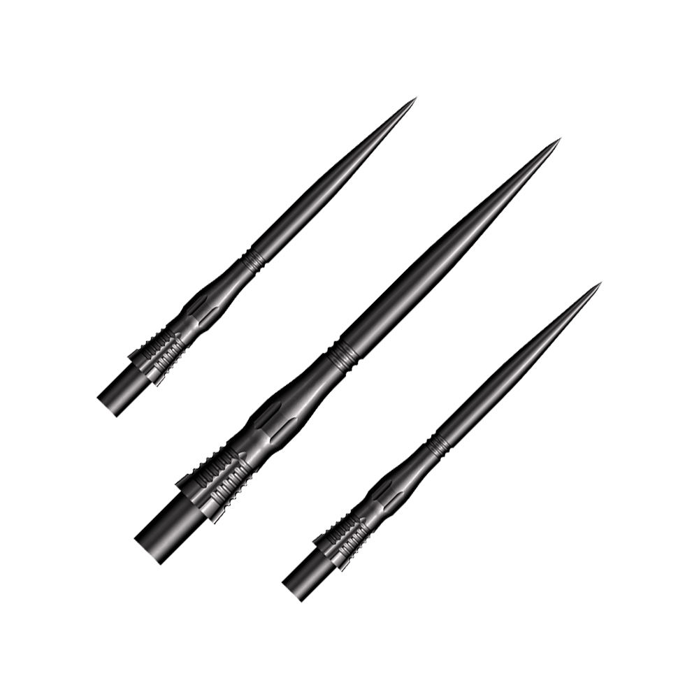 Shot Cone Scallop Steel Dart Tips - Black - 35mm Das Bild zeigt drei schwarze Steeldart-Spitzen des Modells "Shot Cone Scallop" mit einer Länge von 35 mm. Sie sind lang, schmal und haben ein markantes, geriffeltes Design am Schaft.