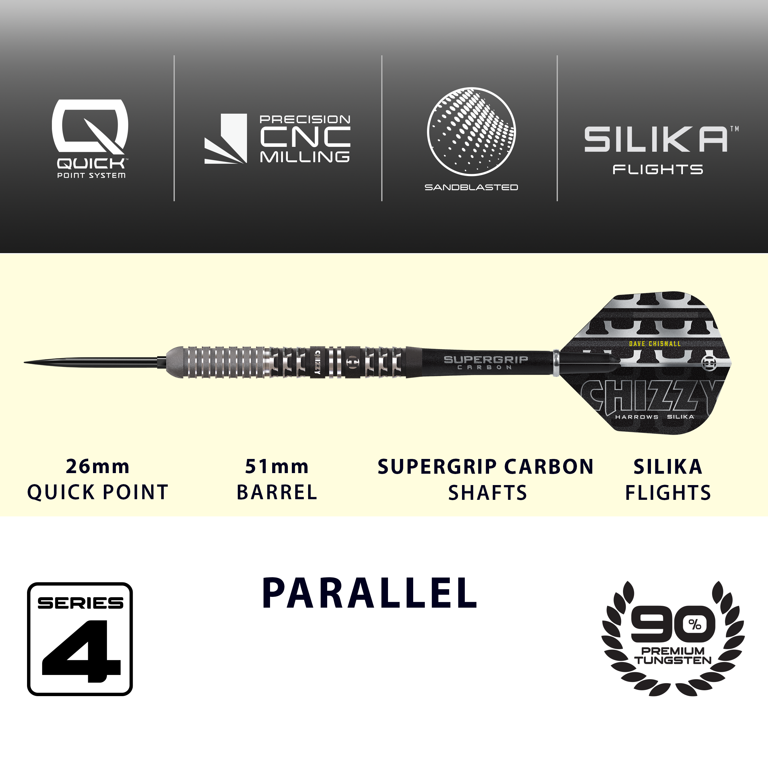 Das Bild zeigt die Harrows Dave Chisnall Chizzy Series 4 Quick Point Steeldarts. Die Darts sind professionell und bekannt für ihre hohe Qualität.