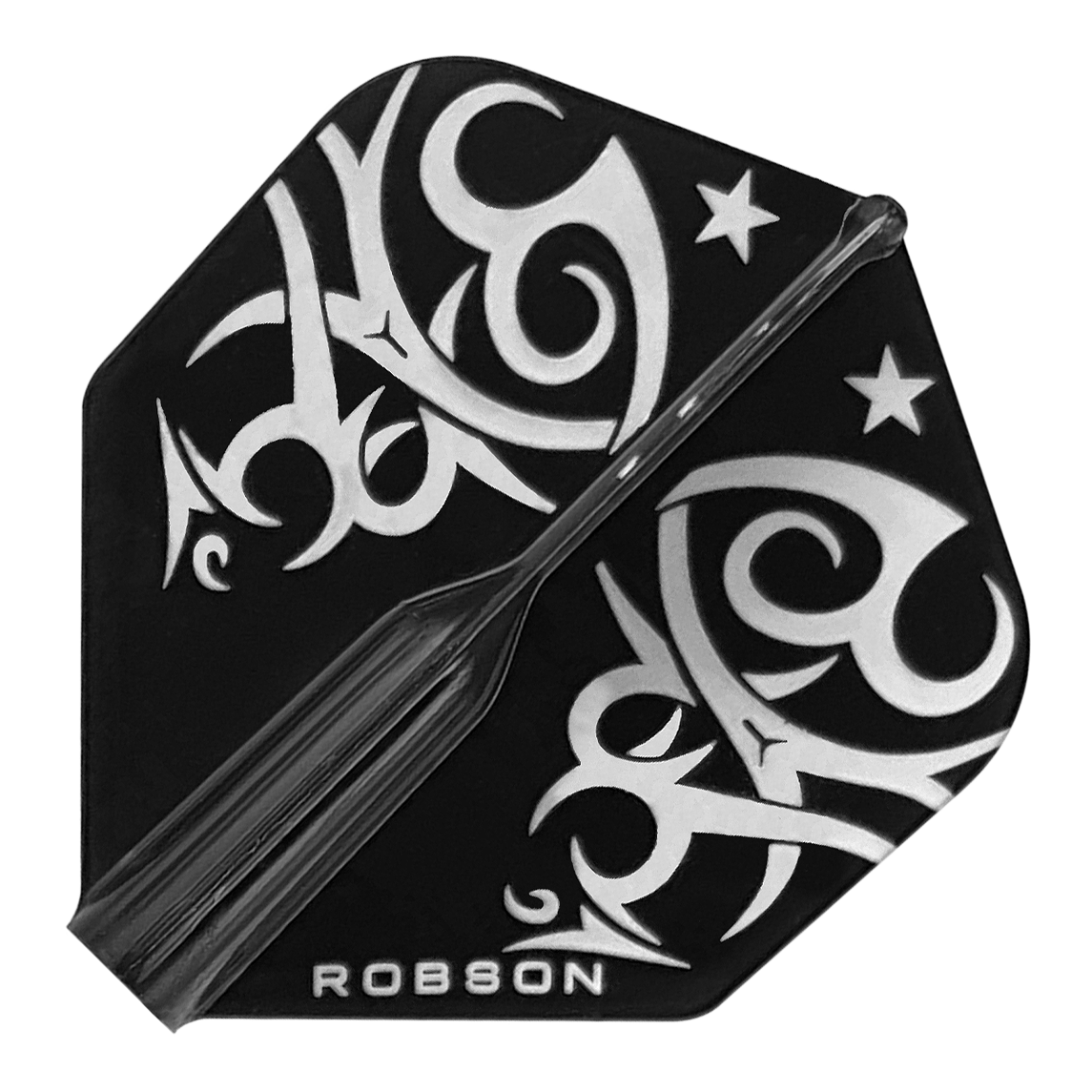 Robson Plus Tribe Standard Flights Das Bild zeigt ein Dart-Flight namens "Robson Plus Tribe Standard Flights". Das Flight ist schwarz mit weißen, tribalen Mustern und Sternen verziert.
